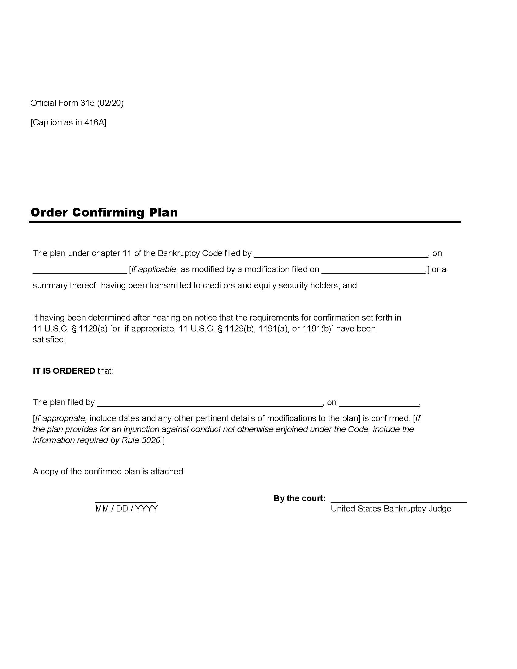 Order Confirming Plan {B315} | Pdf Fpdf Doc Docx | Official Federal Forms