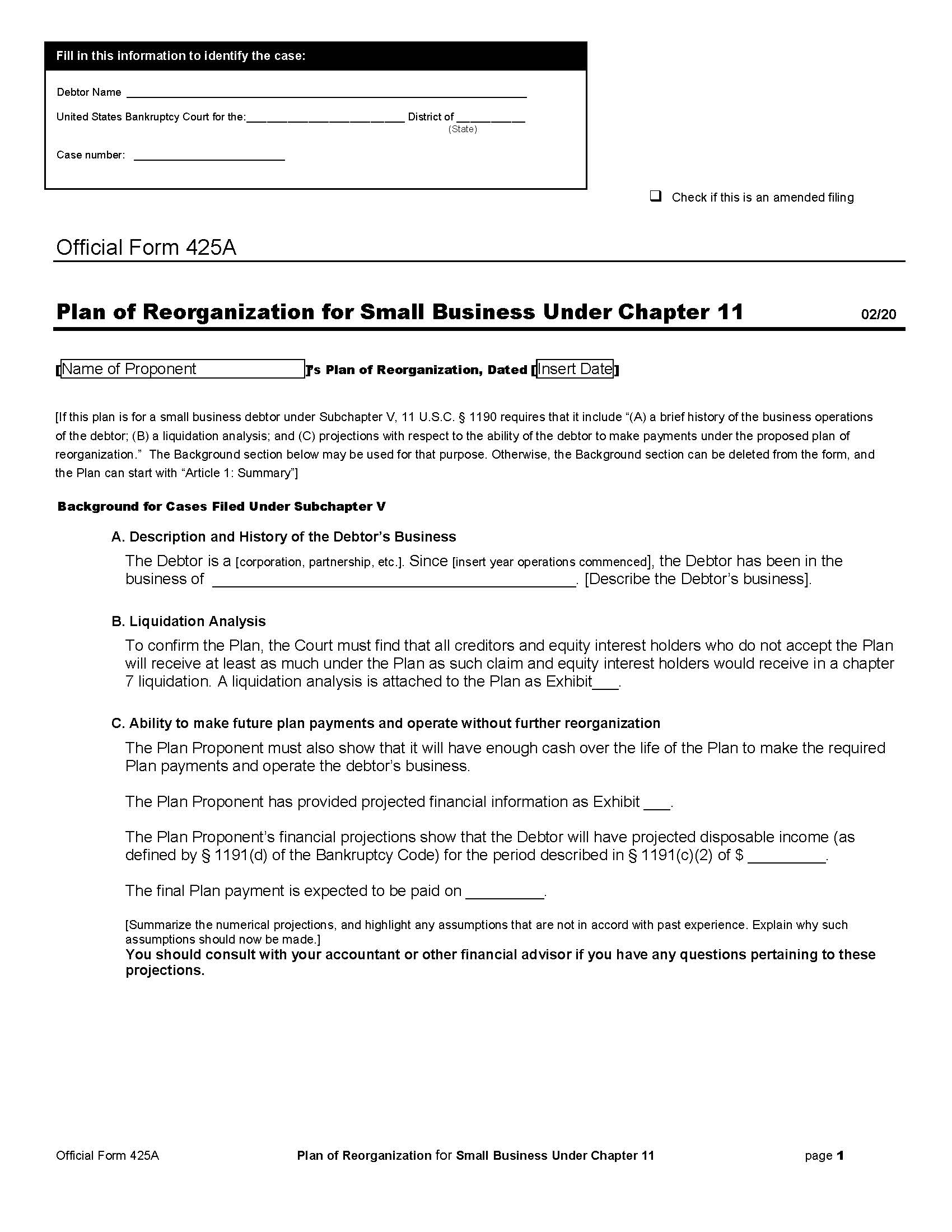 Plan Of Reorganization For Small Business Under Chapter 11 {B425A} | Pdf Fpdf Docx | Official Federal Forms