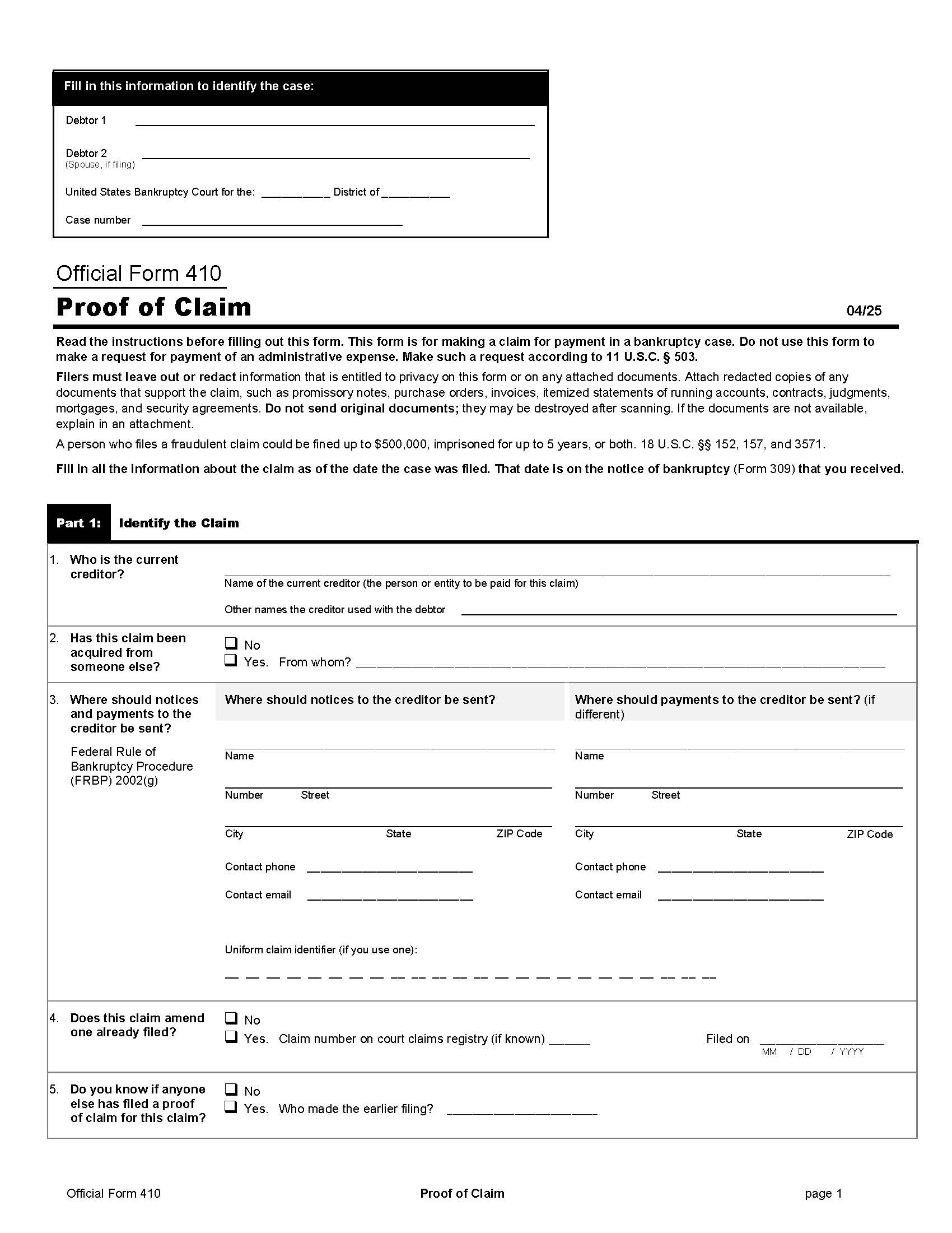 Proof Of Claim {B410} | Pdf Fpdf Docx | Official Federal Forms