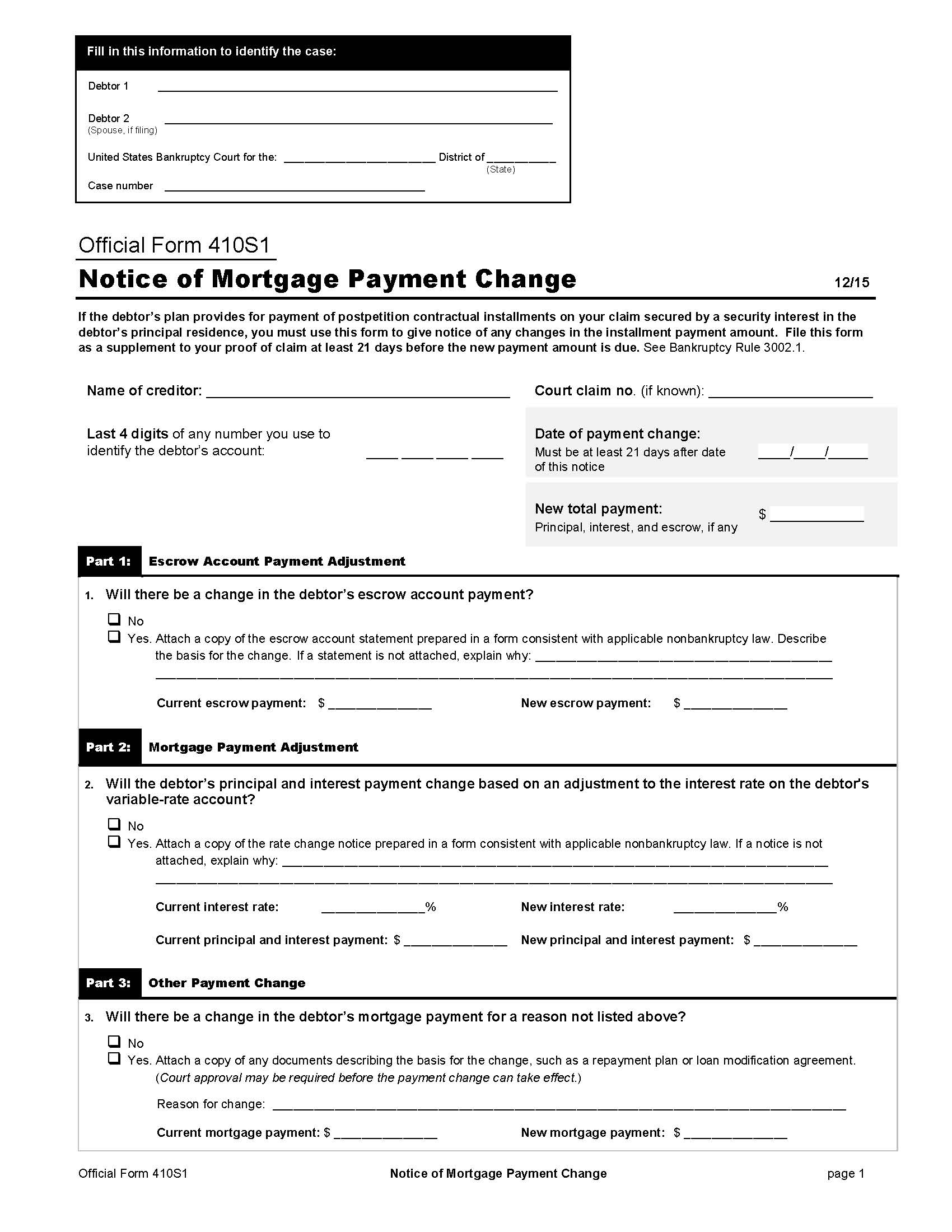 Proof Of Claim Supplement 1 (Notice Of Mortgage Payment Change) {B410S1} | Pdf Fpdf Doc Docx | Official Federal Forms