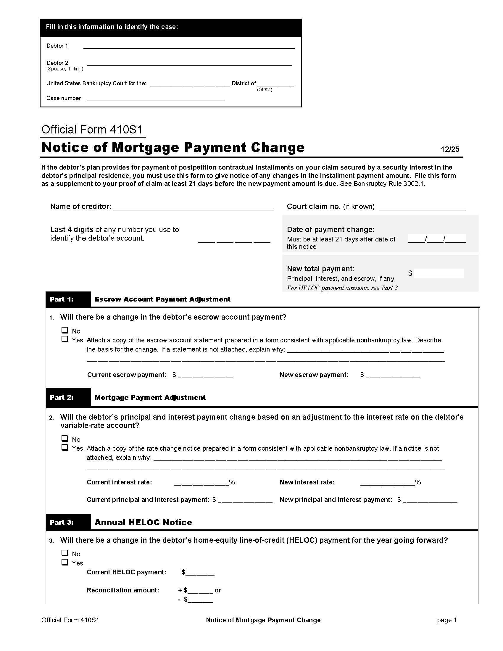 Proof Of Claim Supplement 1 (Notice Of Mortgage Payment Change) {B410S1} | Pdf Fpdf Doc Docx | Official Federal Forms