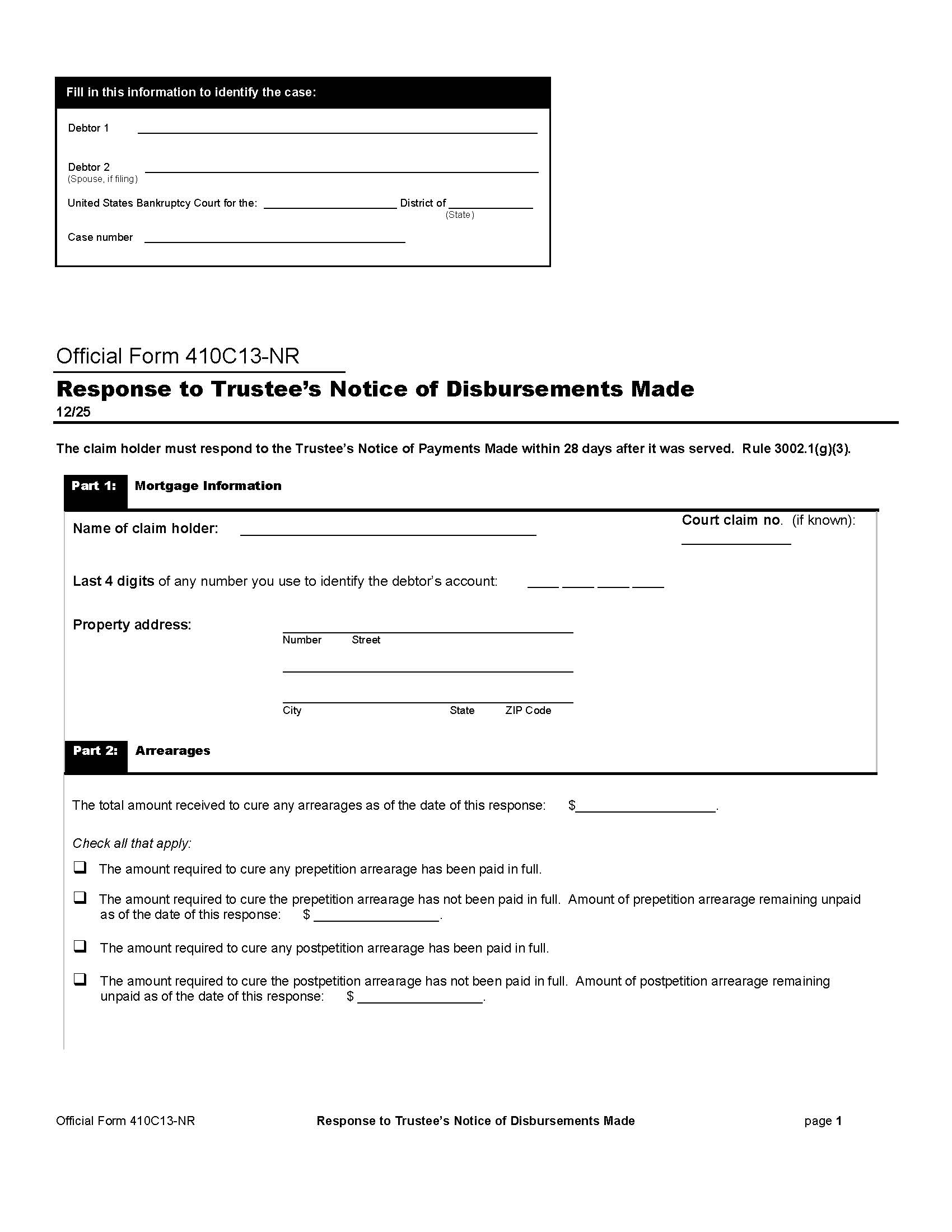 Response To Trustees Notice Of Disbursements Made {B410C13-NR} | Pdf Fpdf Docx | Official Federal Forms