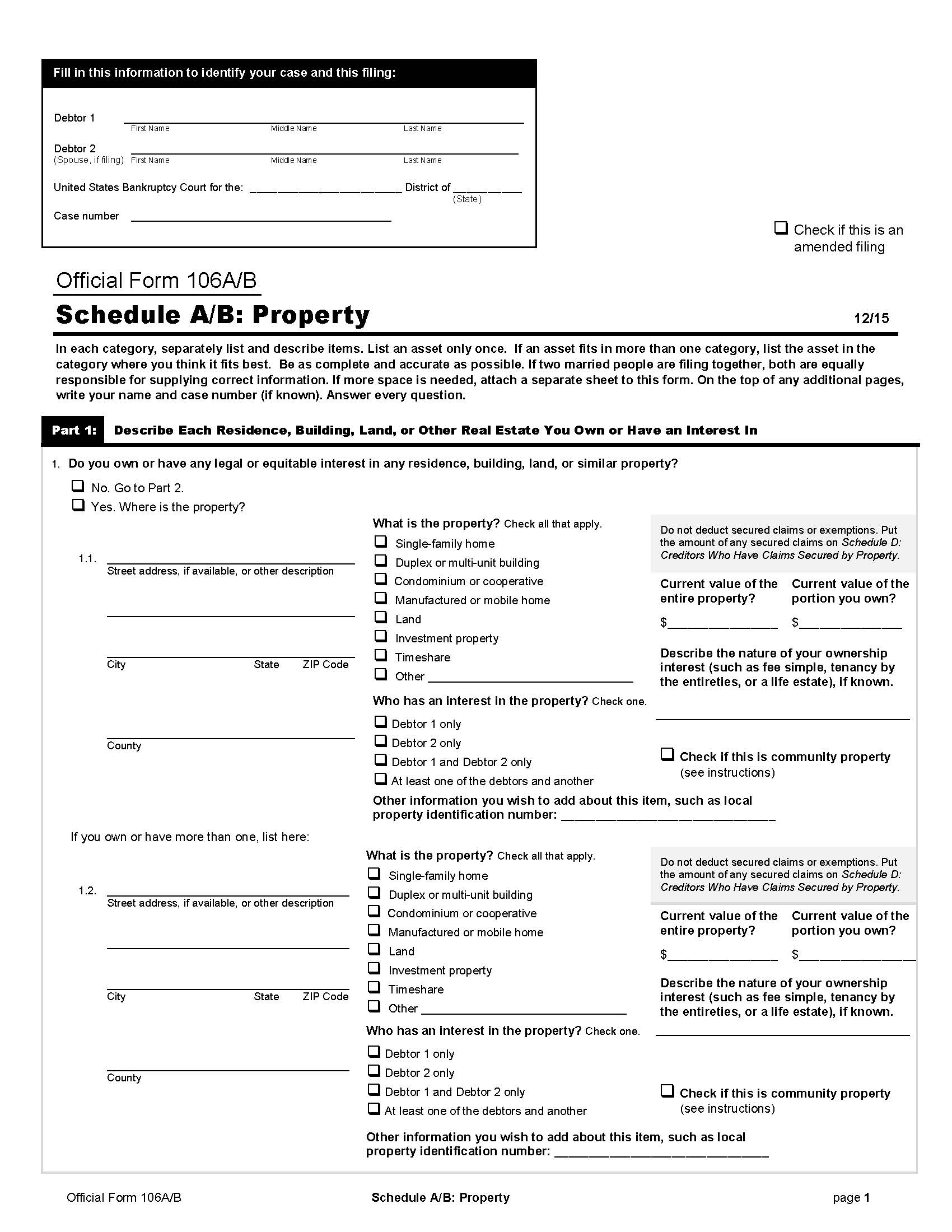 Schedule A-B-Property (Combines Real And Personal Property Individuals) {B106A-B} | Pdf Fpdf Doc Docx | Official Federal Forms