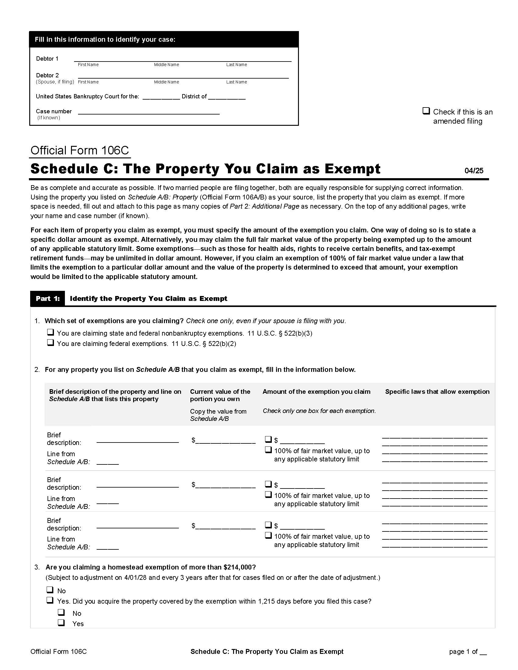 Schedule C-The Property You Claim As Exempt (Individuals) {B106C} | Pdf Fpdf Docx | Official Federal Forms