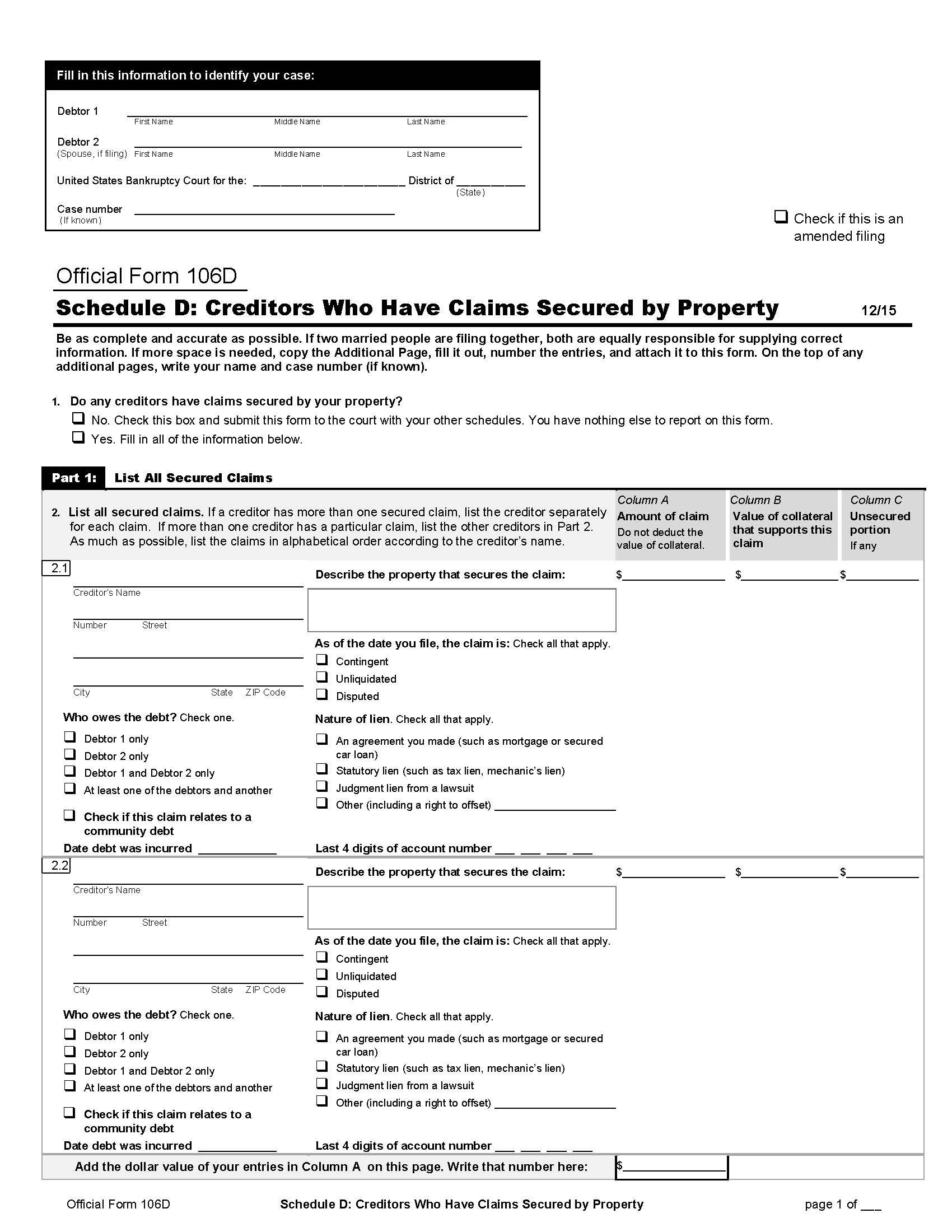 Schedule D-Creditors Who Have Claims Secured By Property (Individuals) {B106D} | Pdf Fpdf Doc Docx | Official Federal Forms