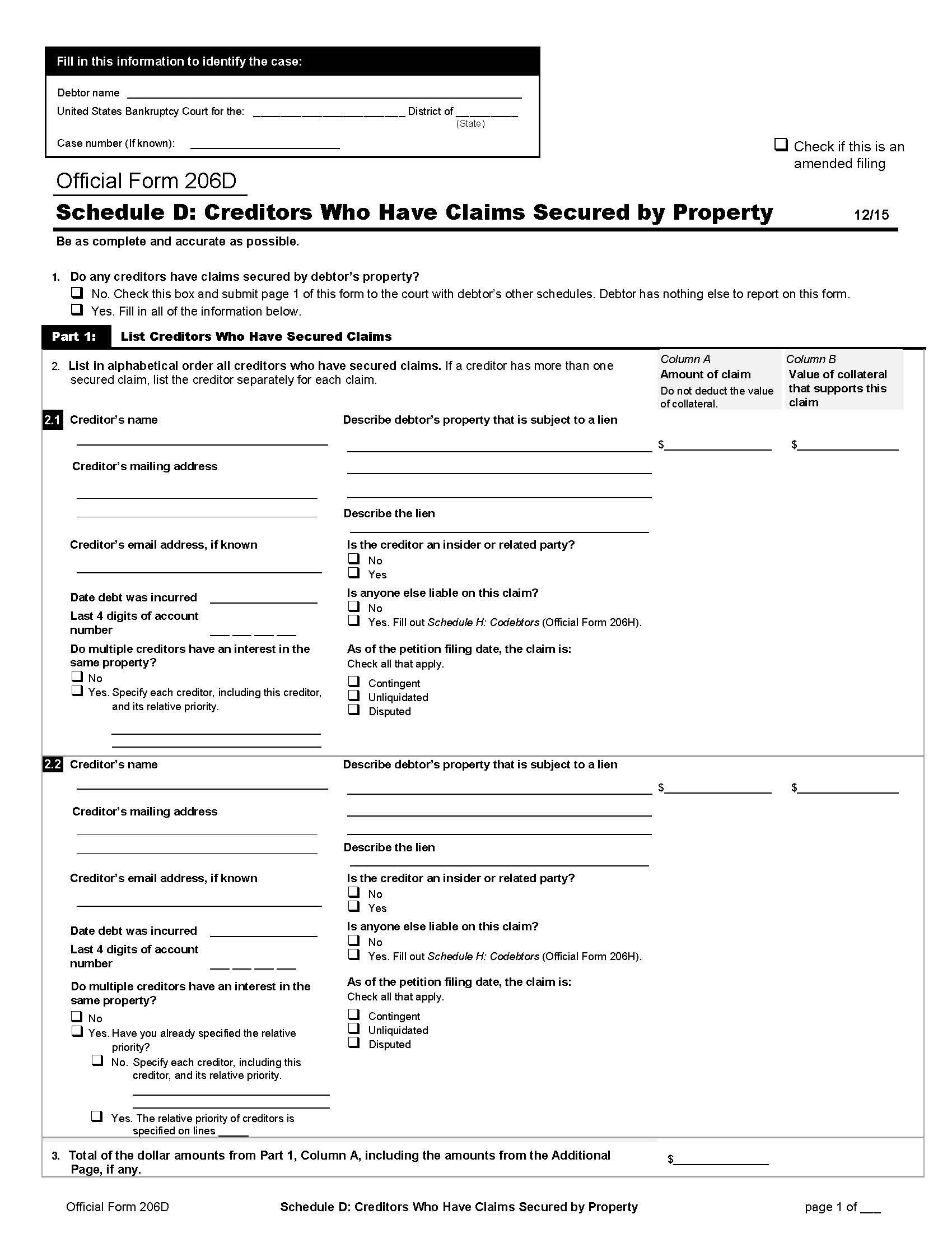 Schedule D-Creditors Who Have Claims Secured By Property (Non-Individuals) {B206D} | Pdf Fpdf Doc Docx | Official Federal Forms