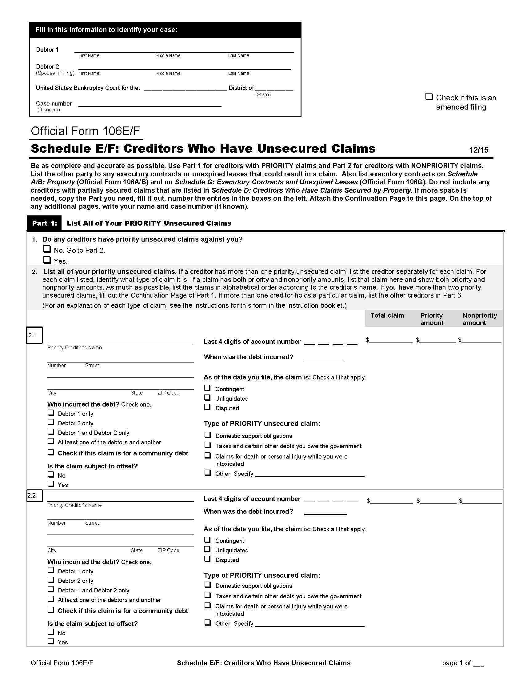 Schedule E-F-Creditors Who Have Unsecured Claims (Individuals) {B106E-F} | Pdf Fpdf Doc Docx | Official Federal Forms
