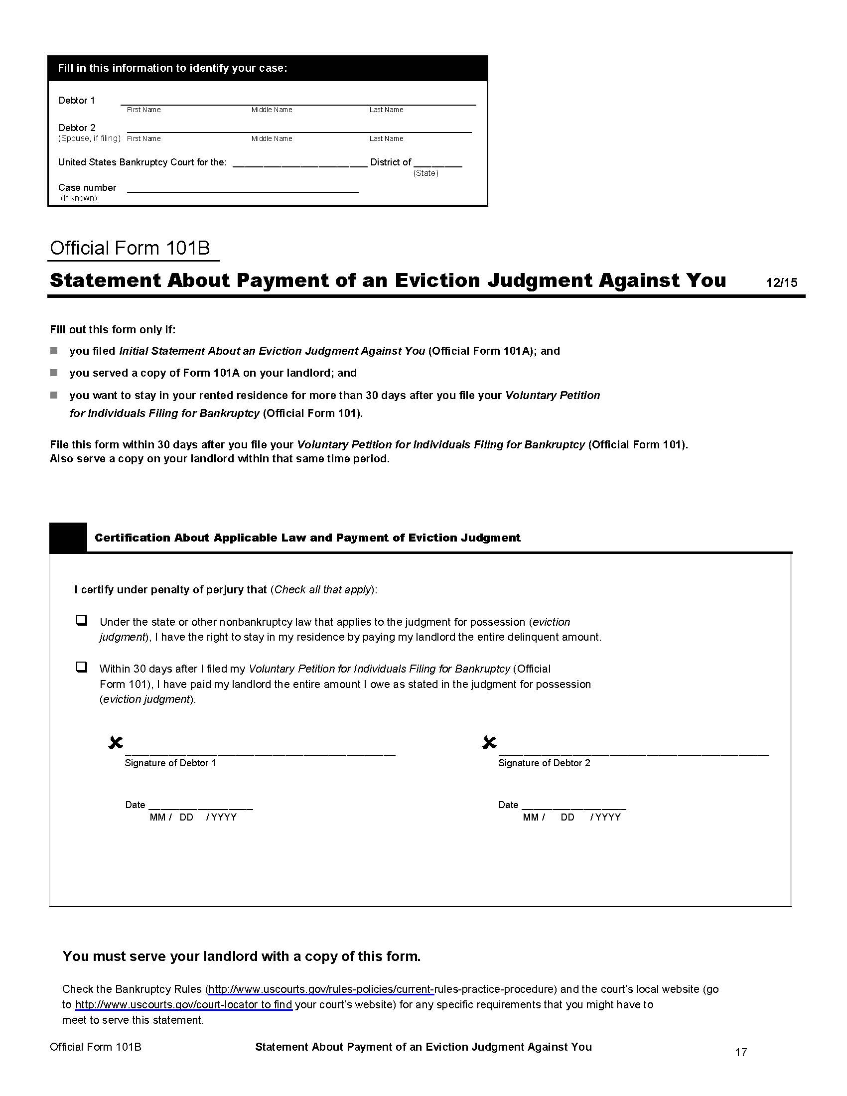 Statement About Payment Of An Eviction Judgment Against You {B101B} | Pdf Fpdf Doc Docx | Official Federal Forms