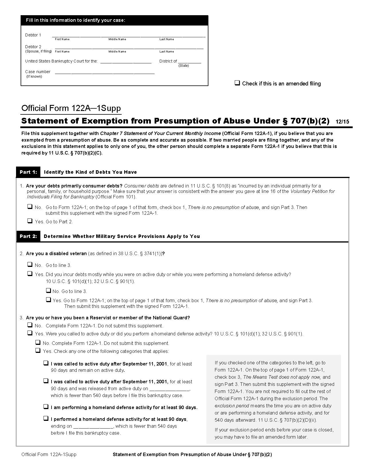 Statement Of Exemption From Presumption Of Abuse Under 707(b)(2) {B122A-1Supp} | Pdf Fpdf Doc Docx | Official Federal Forms