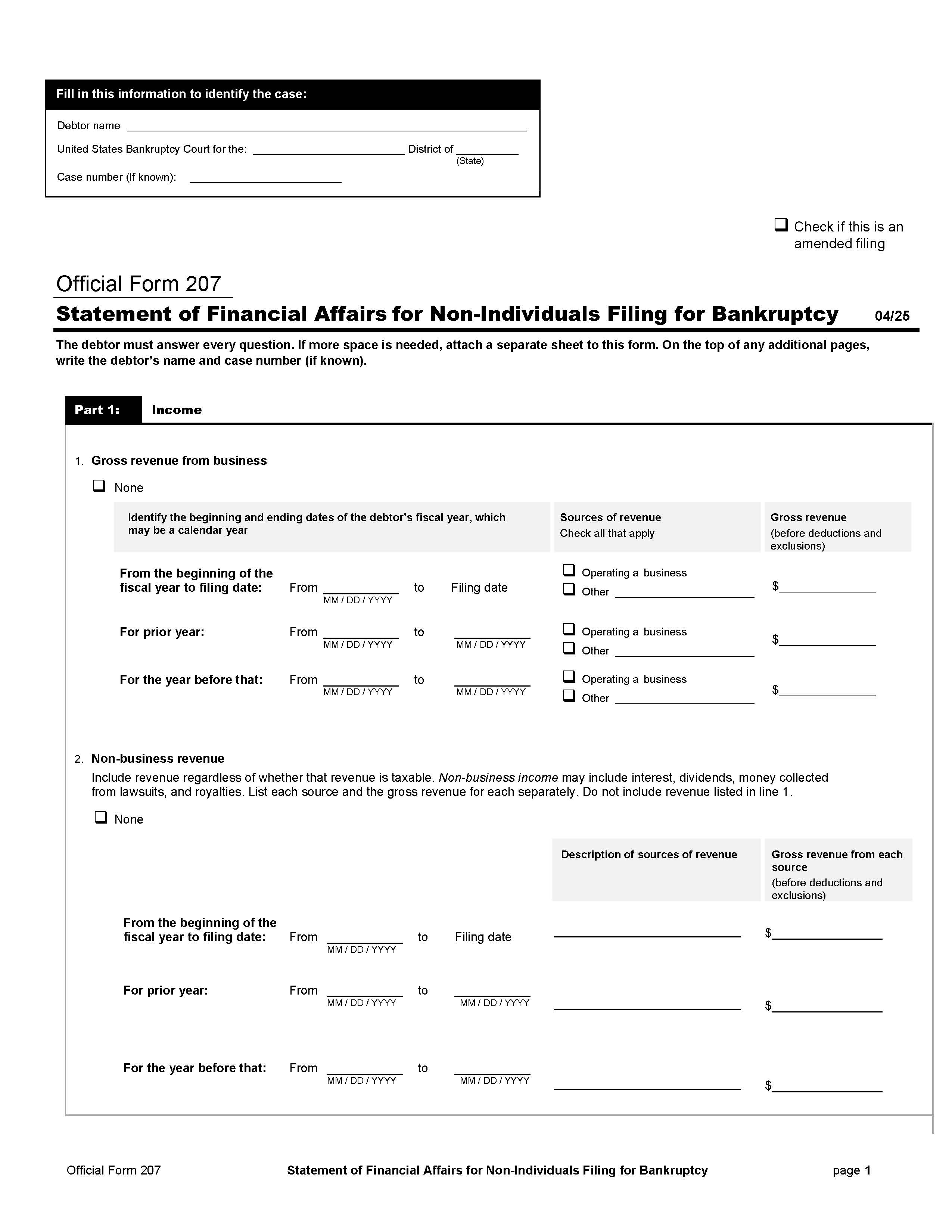 Statement Of Financial Affairs (Non-Individuals) {B207} | Pdf Fpdf Docx | Official Federal Forms