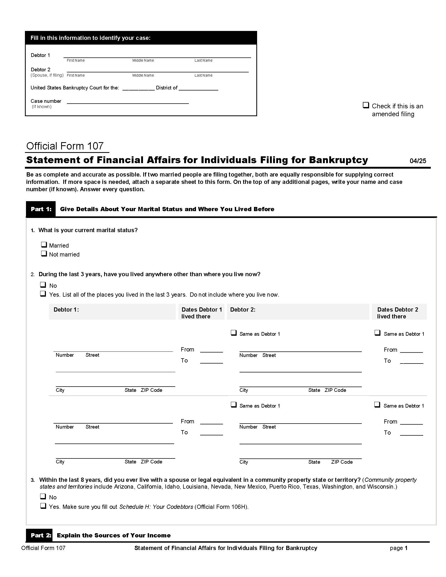Statement Of Financial Affairs For Individuals Filing Bankruptcy {B107} | Pdf Fpdf Docx | Official Federal Forms