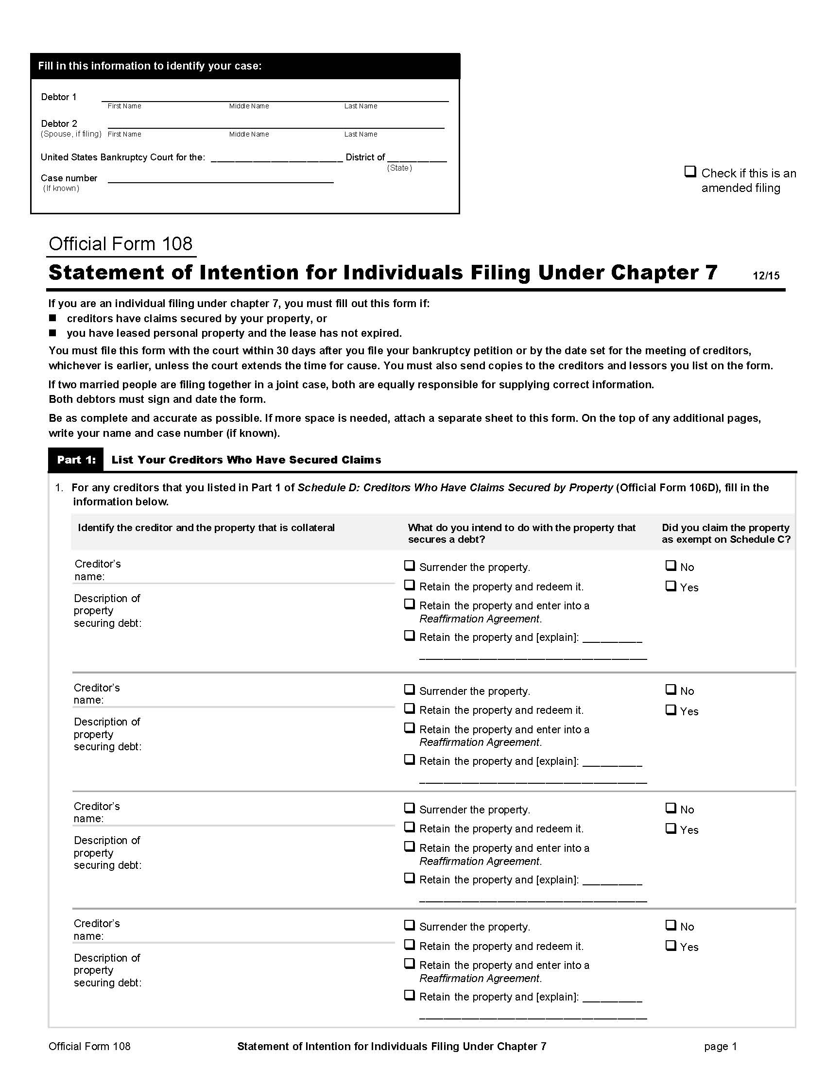 Statement Of Intention For Individuals Filing Under Chapter 7 {B108} | Pdf Fpdf Doc Docx | Official Federal Forms