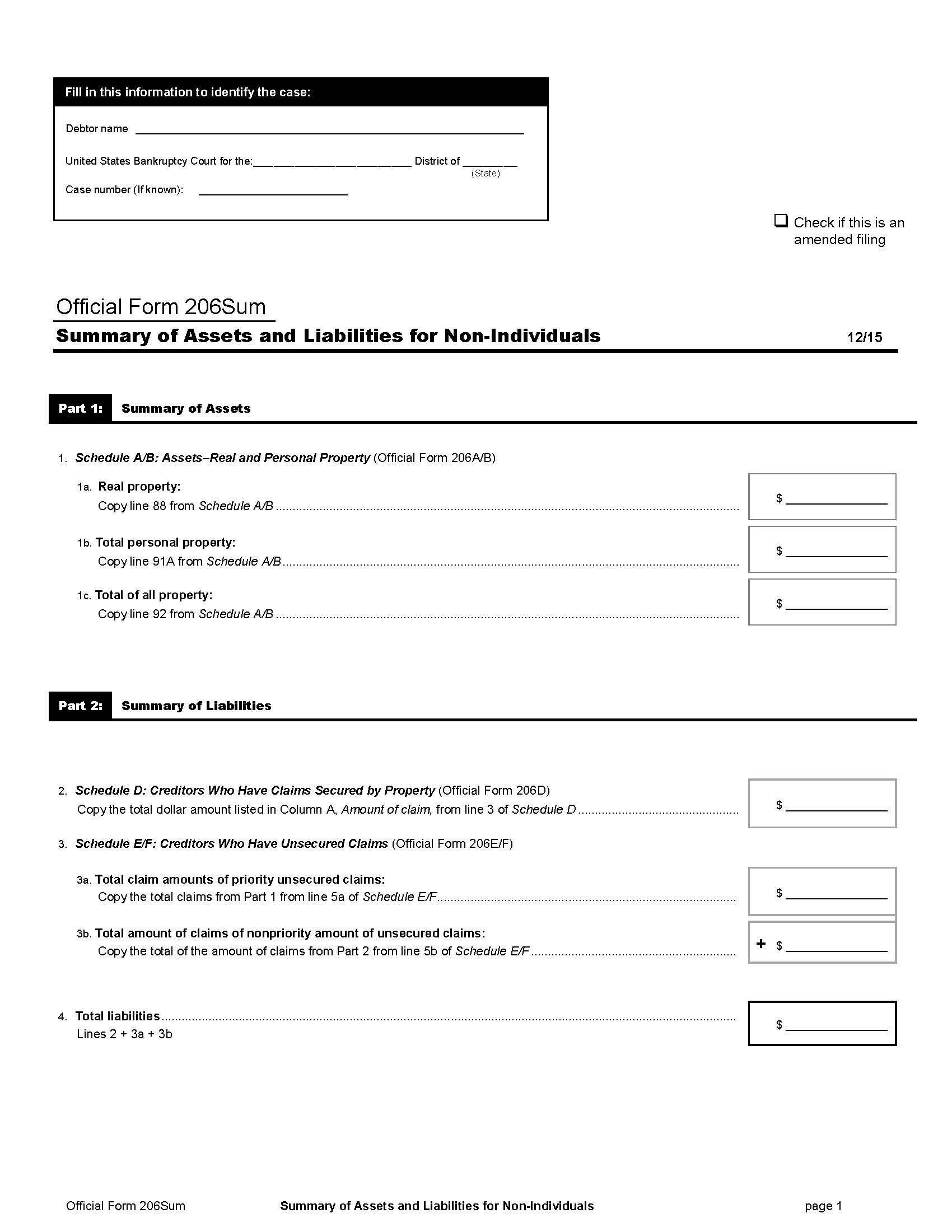 Summary Of Assets And Liabilities For Non-Individuals {B206Sum} | Pdf Fpdf Doc Docx | Official Federal Forms