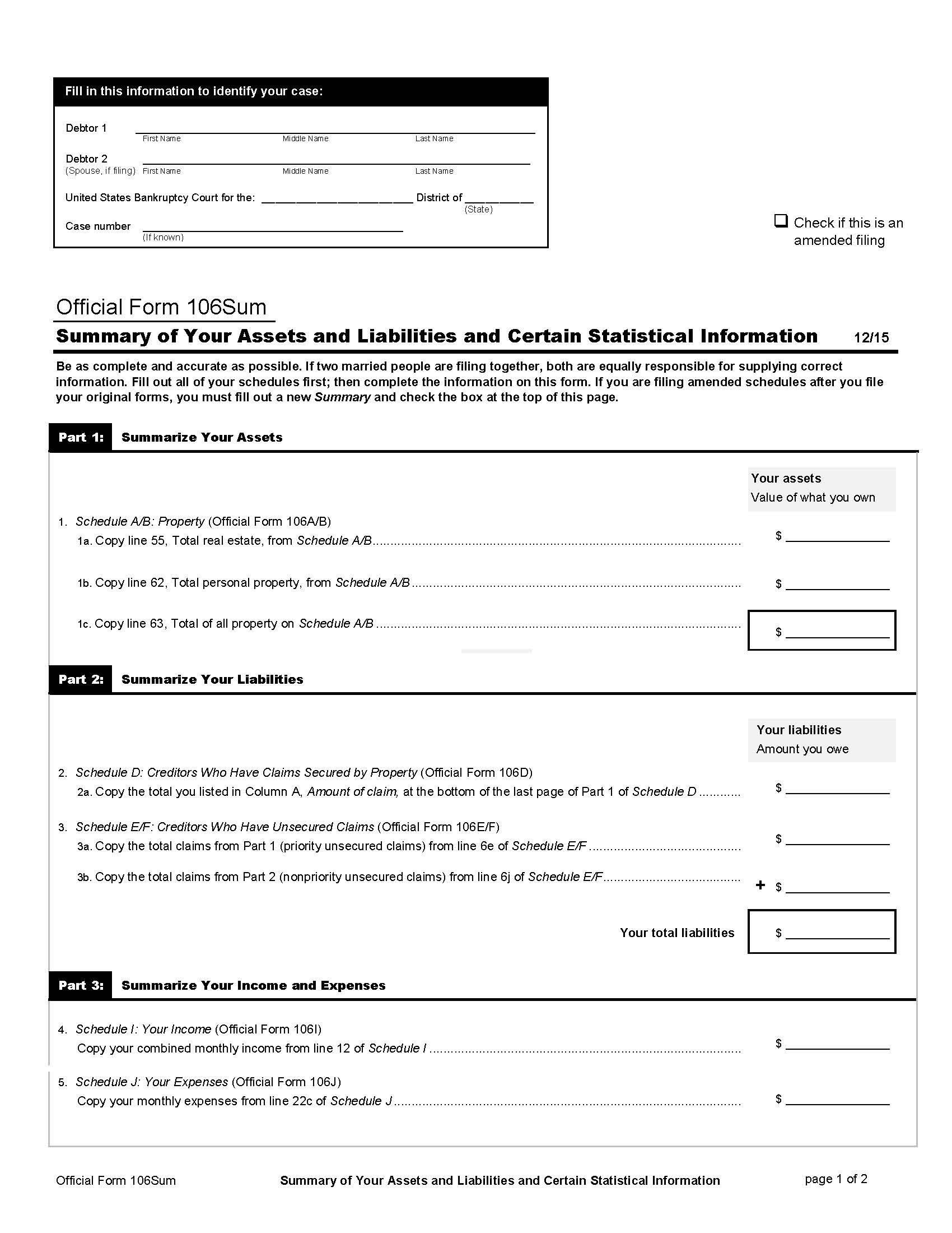 Summary Of Your Assets And Liabilities And Certain Statistical Information {B106Sum} | Pdf Fpdf Doc Docx | Official Federal Forms