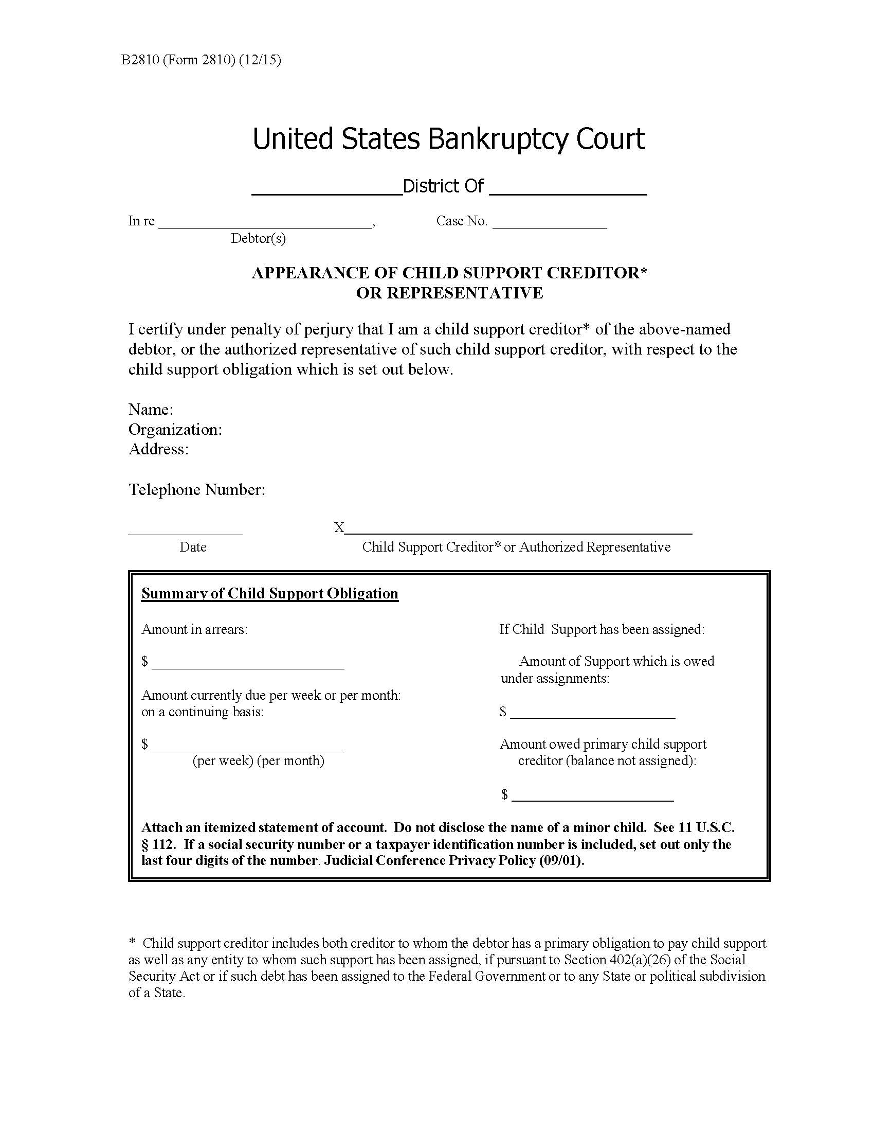 Appearance Of Child Support Creditor Or Representative {B2810} | Pdf Fpdf Doc Docx | Official Federal Forms