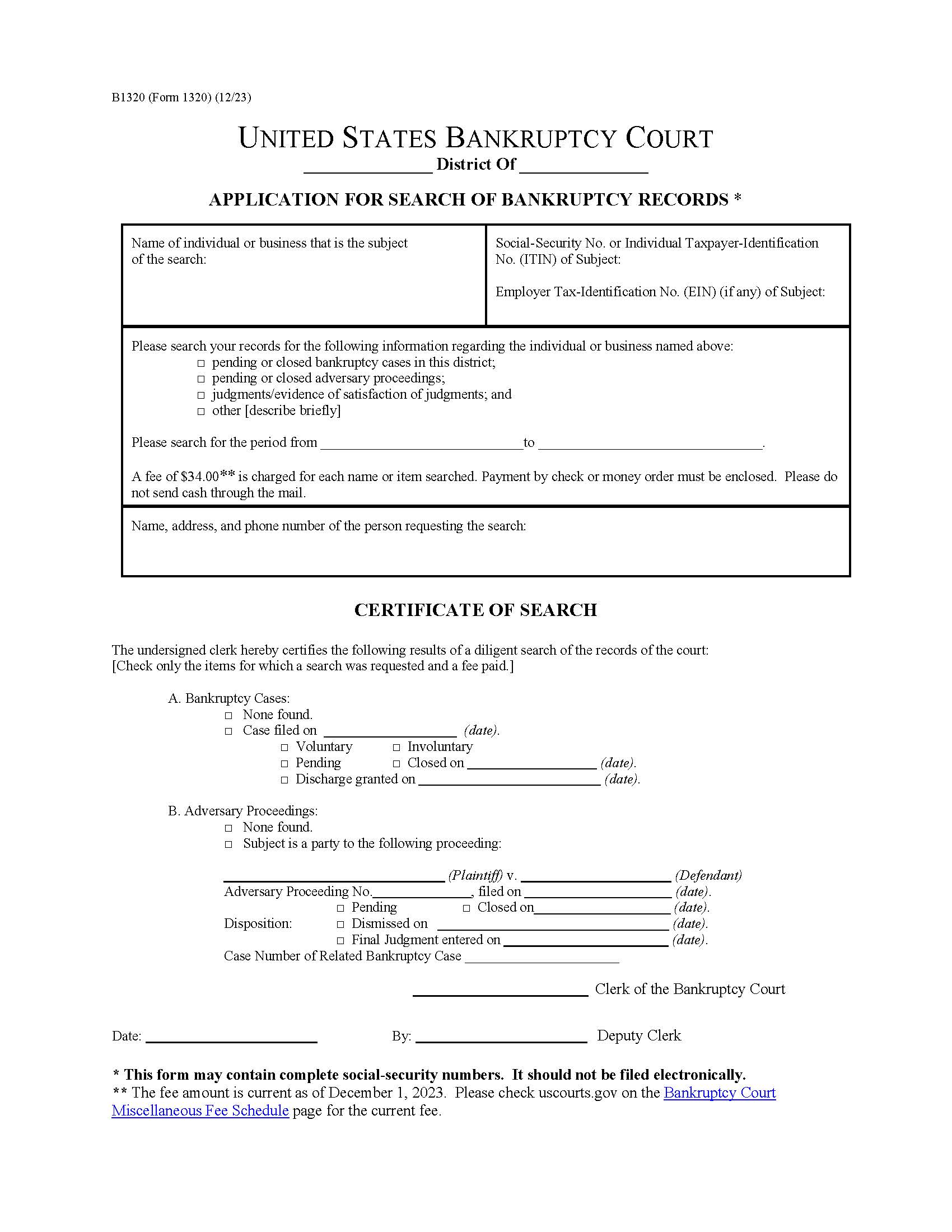 Application For Search Of Bankruptcy Records {B1320} | Pdf Fpdf Doc Docx | Official Federal Forms