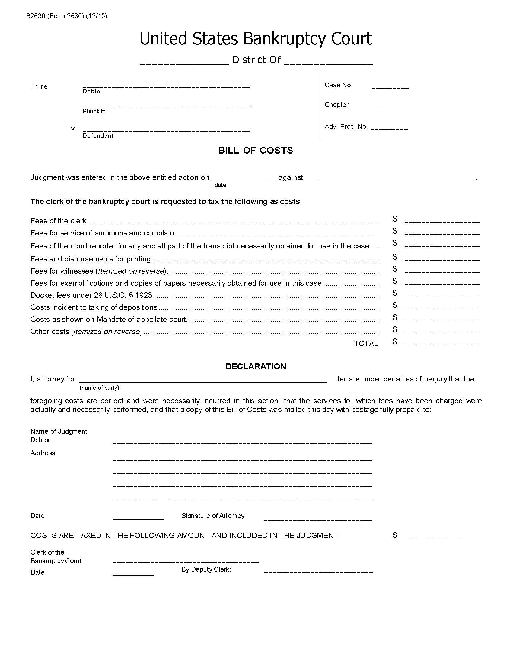 Bill Of Costs {B2630} | Pdf Fpdf Doc Docx | Official Federal Forms