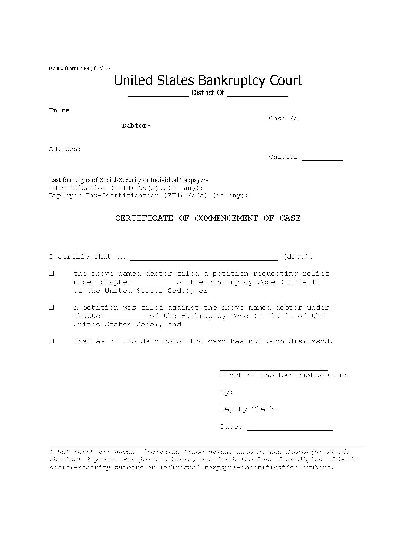 Certificate Of Commencement Of Case {B2060} | Pdf Fpdf Doc Docx | Official Federal Forms