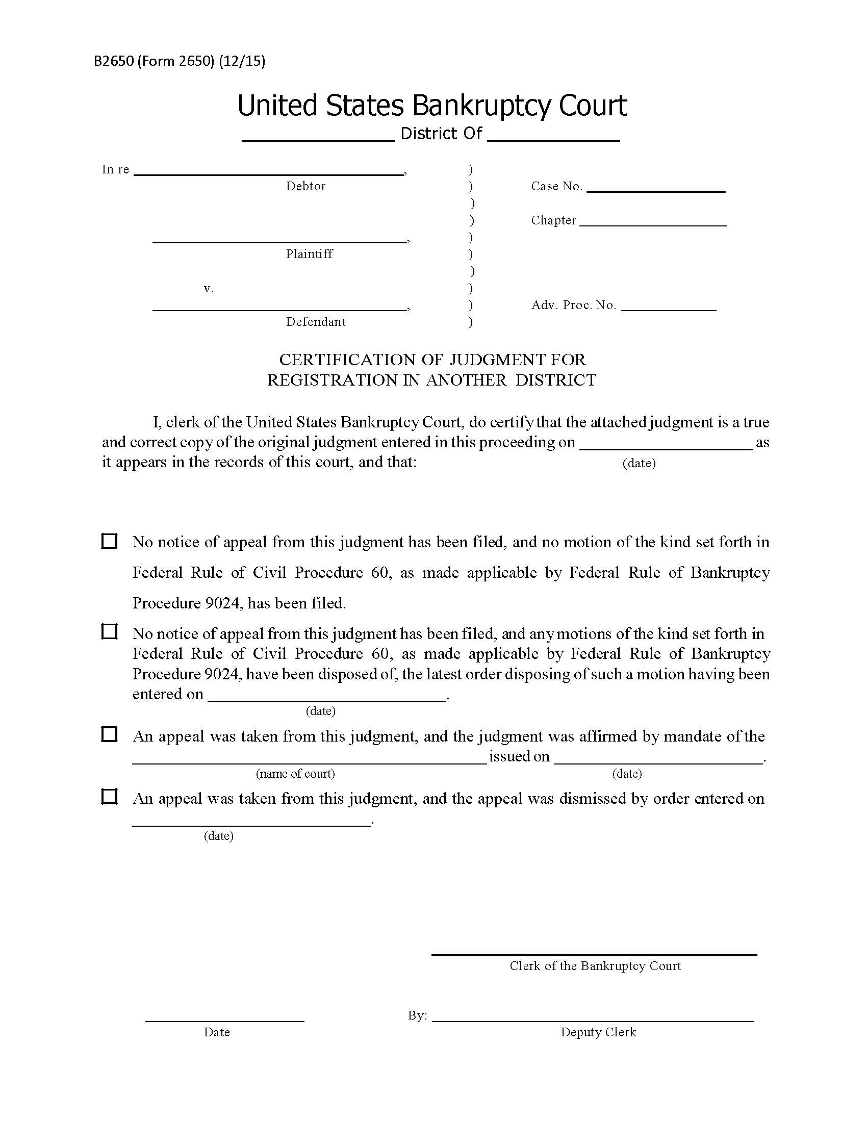 Certification Of Judgment For Registration In Another District {B2650} | Pdf Fpdf Doc Docx | Official Federal Forms