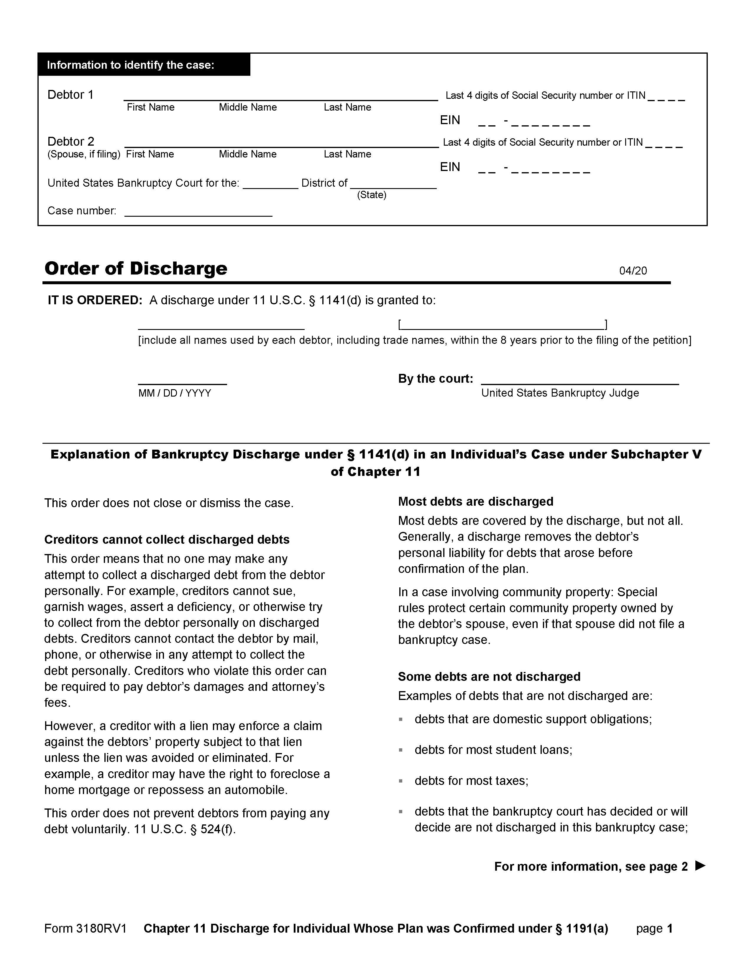 Chapter 11 Discharge For Individual Whose Plan Was Confirmed Under 1191(a) {B3180RV1} | Pdf Fpdf Docx | Official Federal Forms