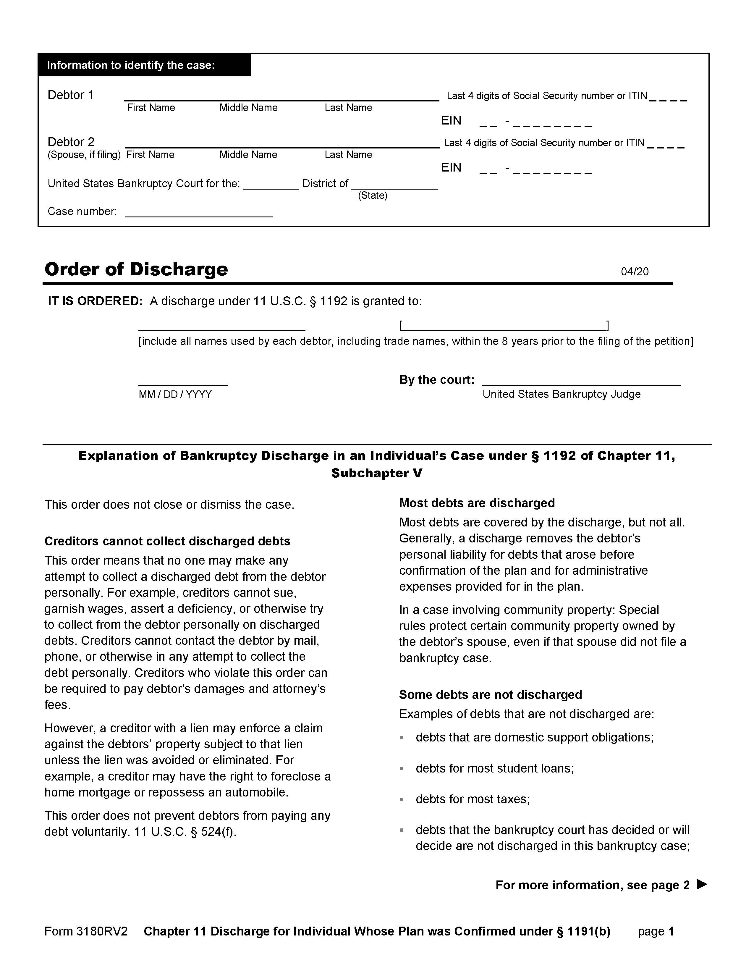 Chapter 11 Discharge For Individual Whose Plan Was Confirmed Under 1191(b) {B3180RV2} | Pdf Fpdf Docx | Official Federal Forms