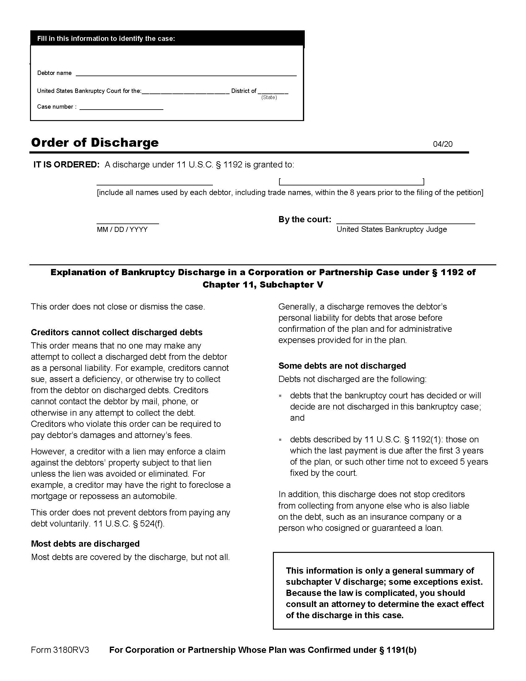 Chapter 11 For Corporation Or Partnership Whose Plan Was Confirmed Under 1191(b) {B3180RV3} | Pdf Fpdf Docx | Official Federal Forms