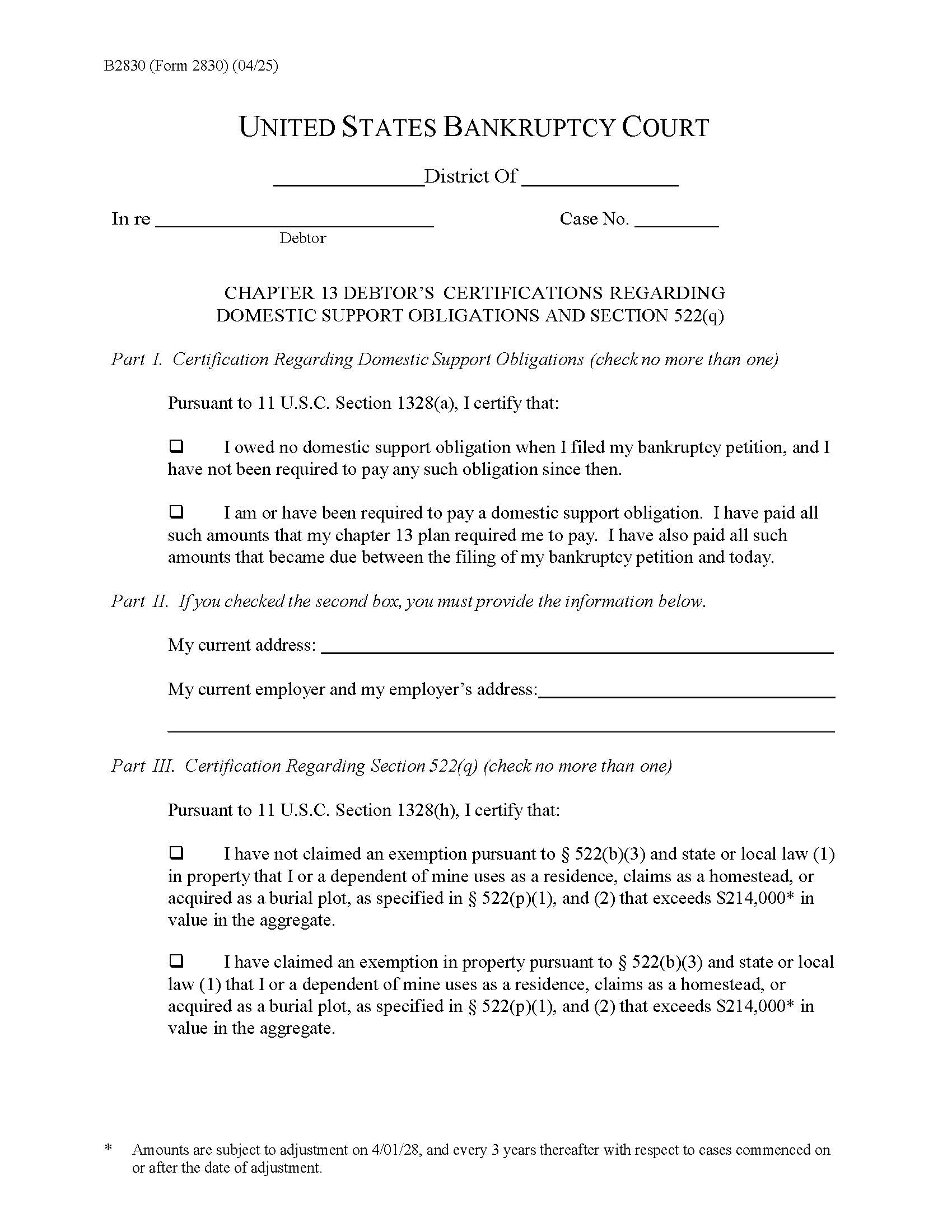 Chapter 13 Debtors Certifications Regarding Domestic Support Obligations {B2830} | Pdf Fpdf Docx | Official Federal Forms