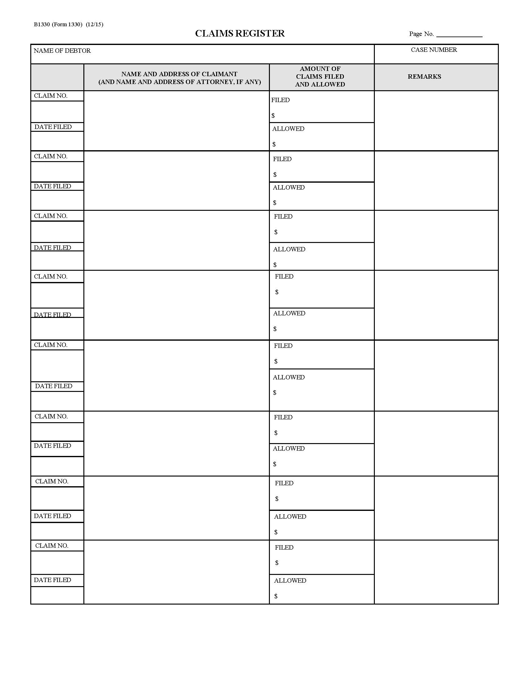 Claims Register {B1330} | Pdf Fpdf Doc Docx | Official Federal Forms