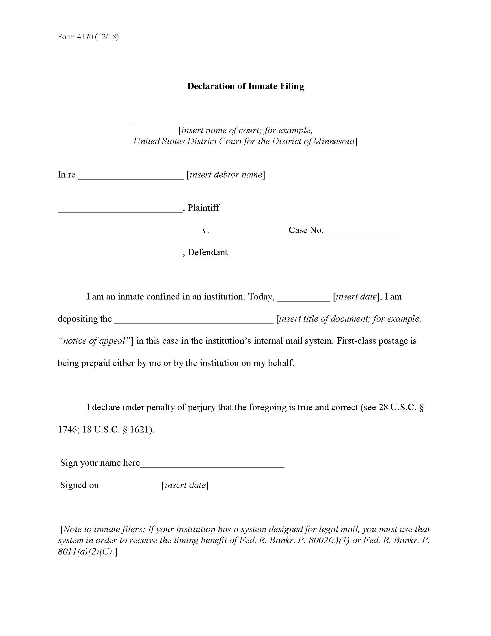Declaration Of Inmate Filing {B4170} | Pdf Fpdf Docx | Official Federal Forms