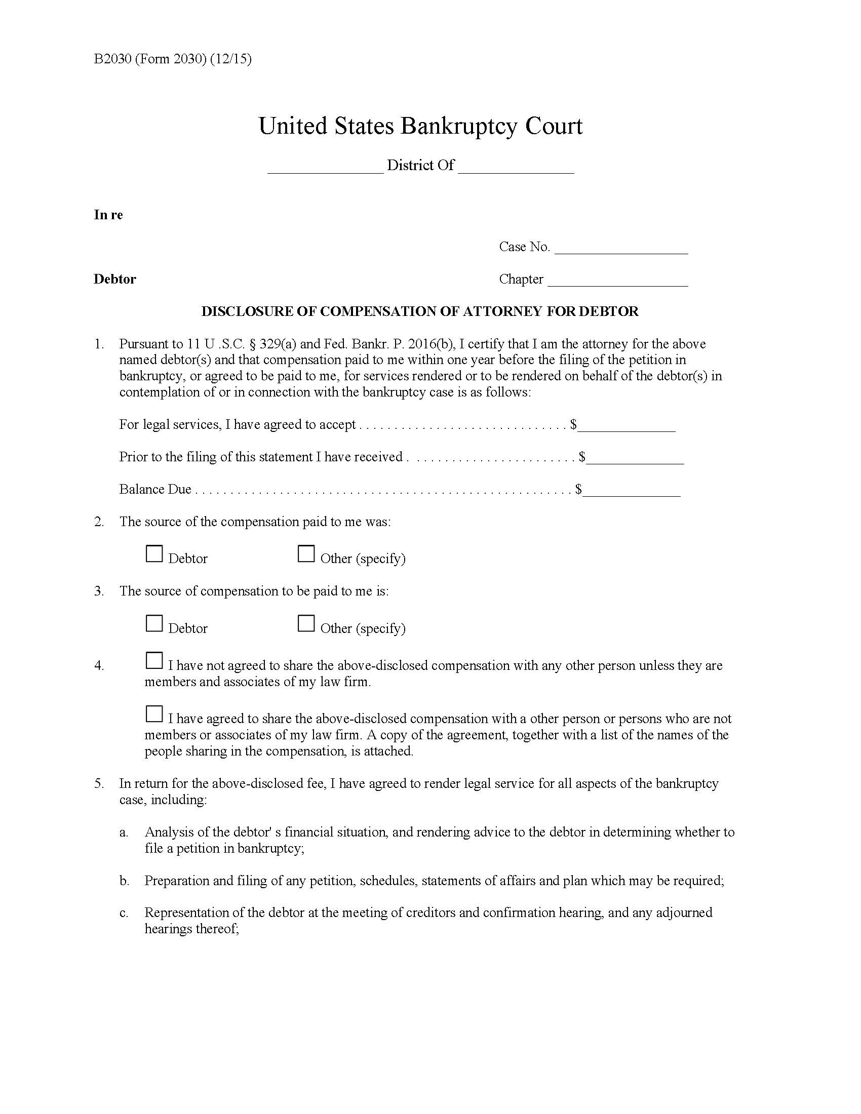 Disclosure Of Compensation Of Attorney For Debtor {B2030} | Pdf Fpdf Doc Docx | Official Federal Forms