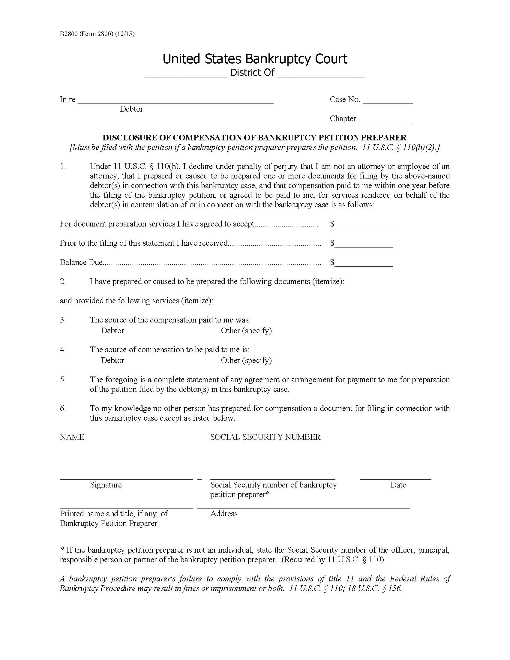 Disclosure Of Compensation Of Bankruptcy Petition Preparer {B2800} | Pdf Fpdf Doc Docx | Official Federal Forms