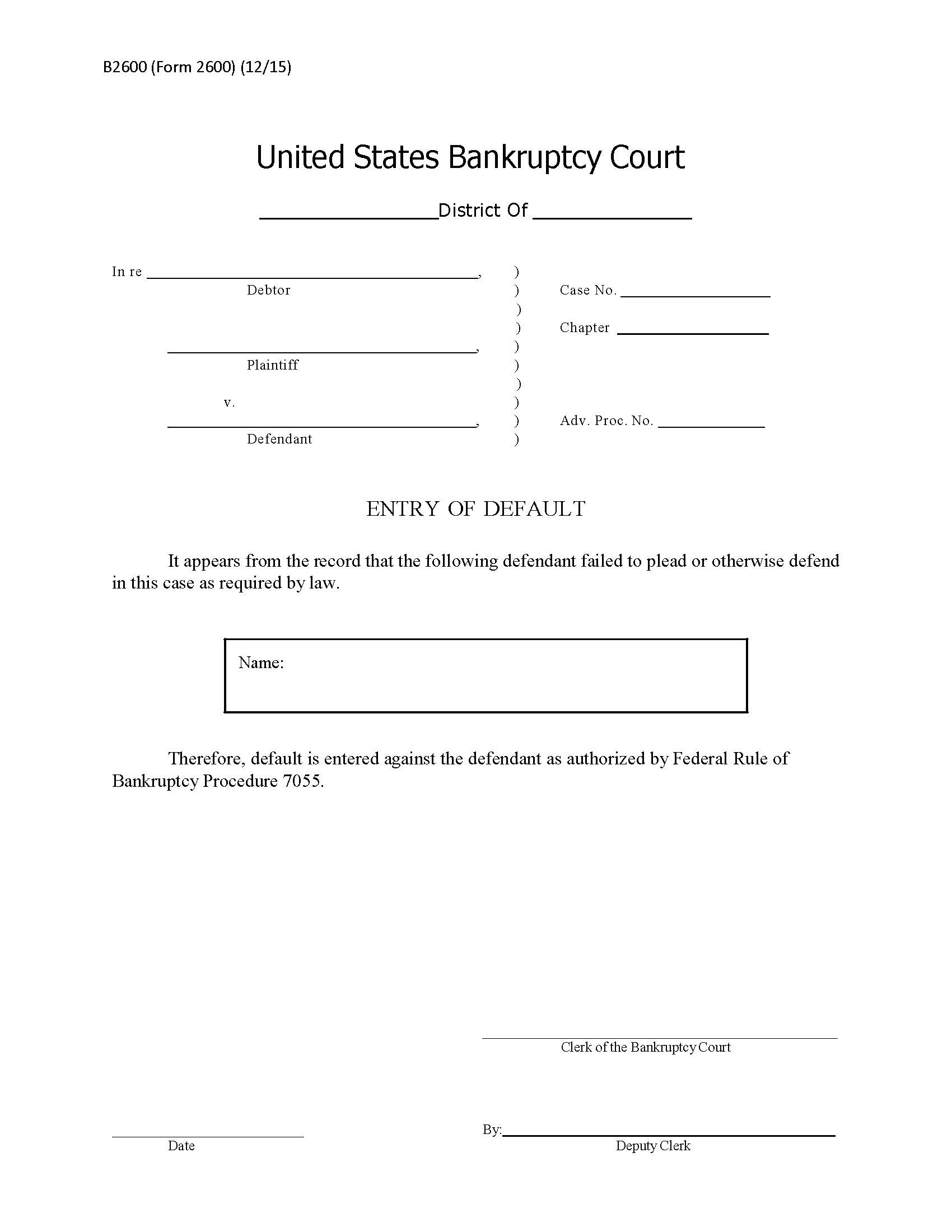Entry Of Default {B2600} | Pdf Fpdf Doc Docx | Official Federal Forms