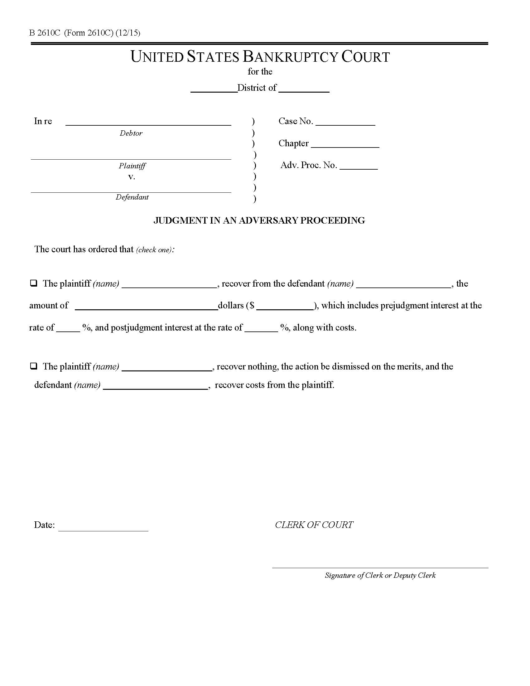 Judgment In An Adversary Proceeding {B2610C} | Pdf Fpdf Doc Docx | Official Federal Forms