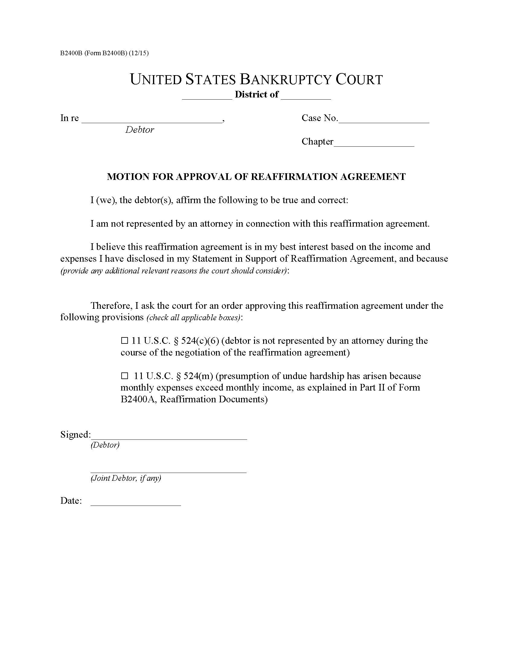 Motion For Approval Of Reaffirmation Agreement {B2400B} | Pdf Fpdf Doc Docx | Official Federal Forms