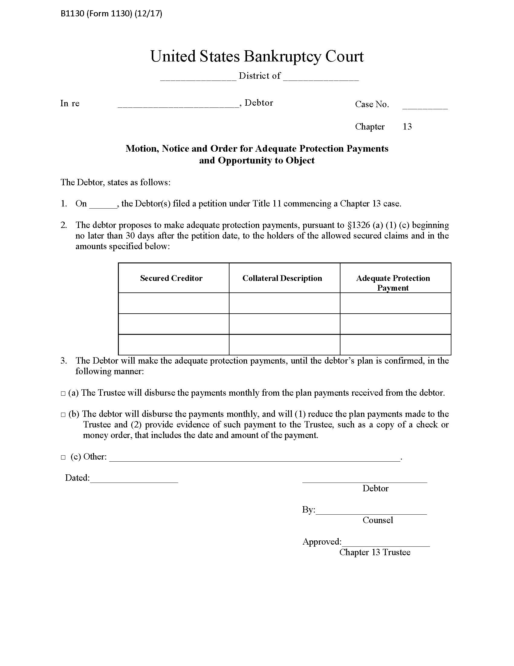 Motion Notice And Order For Adequate Protection Payments And Opportunity To Object  {B1130} | Pdf Fpdf Docx | Official Federal Forms