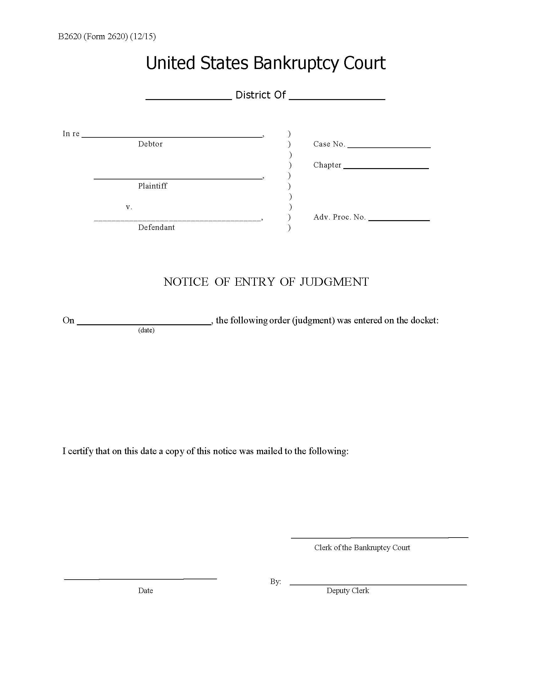 Notice Of Entry Of Judgment {B2620} | Pdf Fpdf Doc Docx | Official Federal Forms