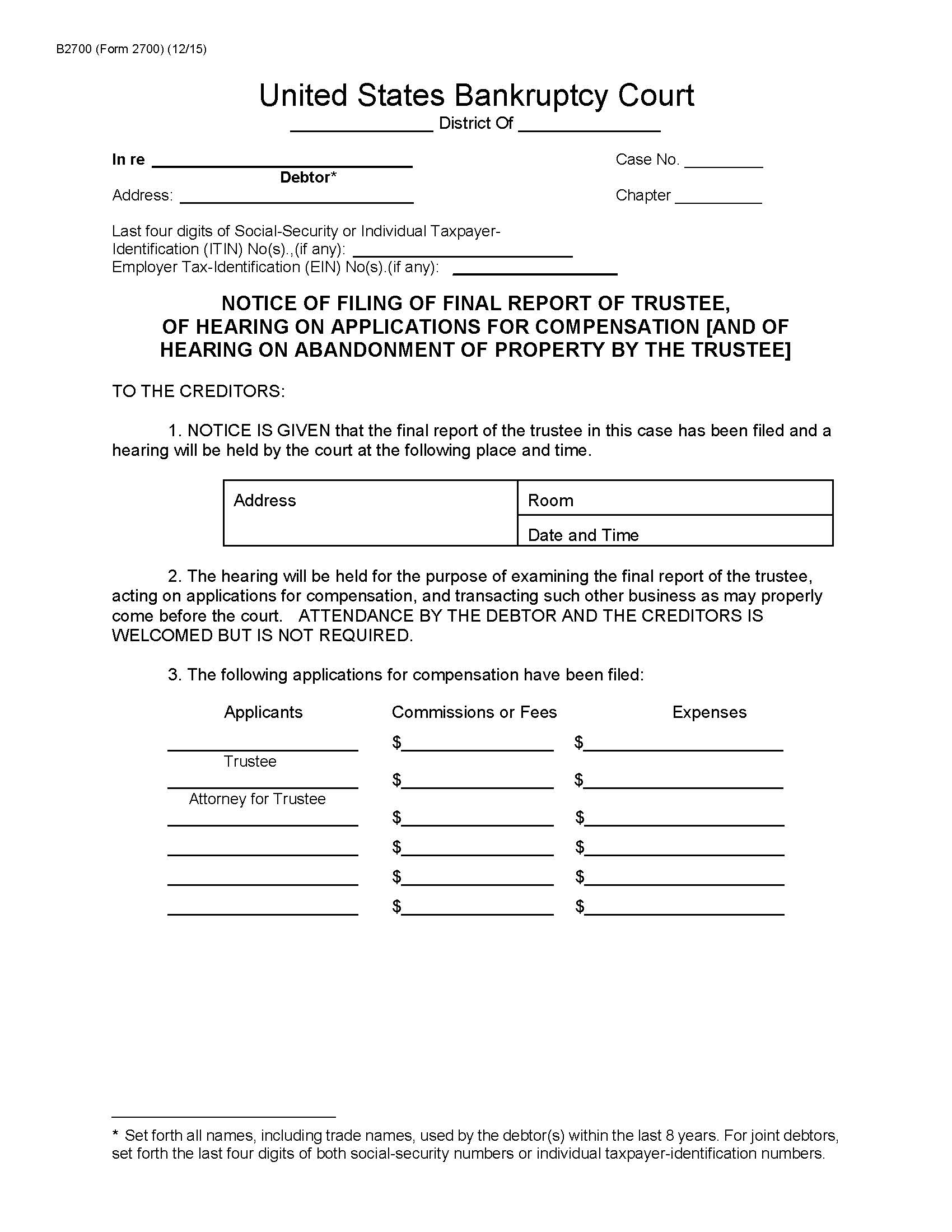Notice Of Filing Of Final Report Of Trustee Of Hearing {B2700} | Pdf Fpdf Doc Docx | Official Federal Forms