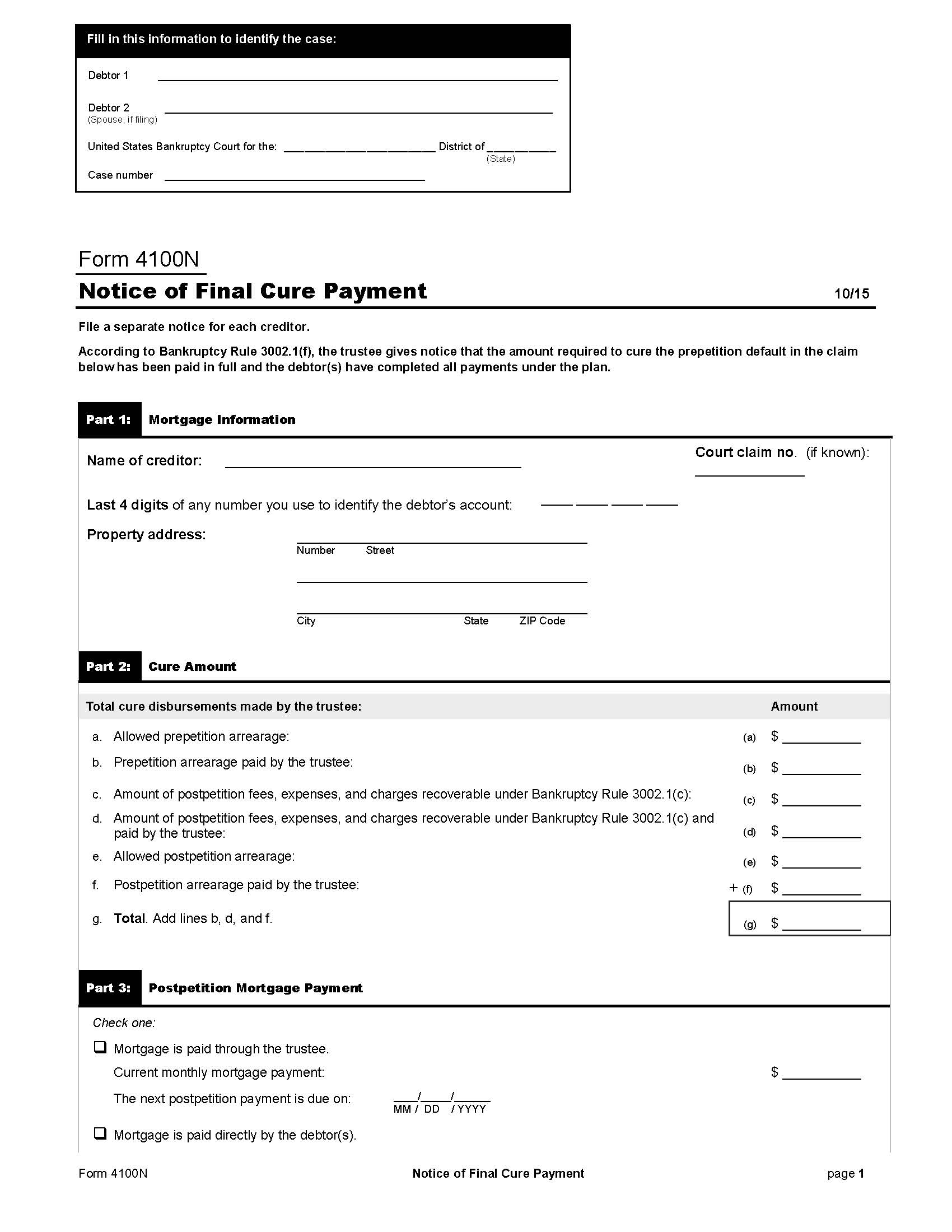 Notice Of Final Cure Payment {B4100N} | Pdf Fpdf Doc Docx | Official Federal Forms