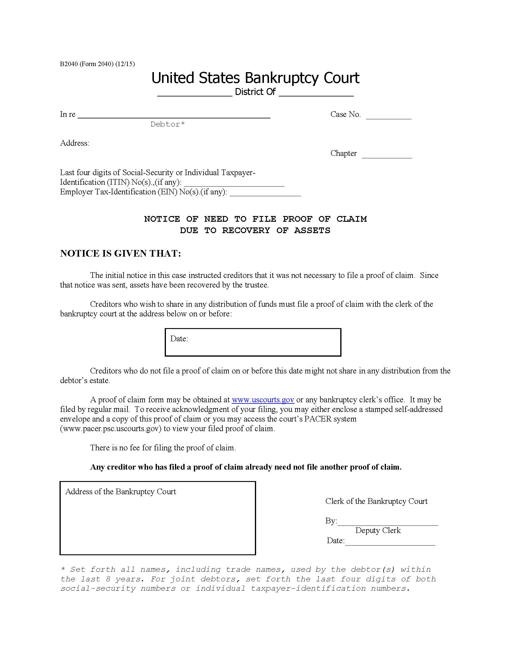 Notice Of Need To File Proof Of Claim {B2040} | Pdf Fpdf Doc Docx | Official Federal Forms