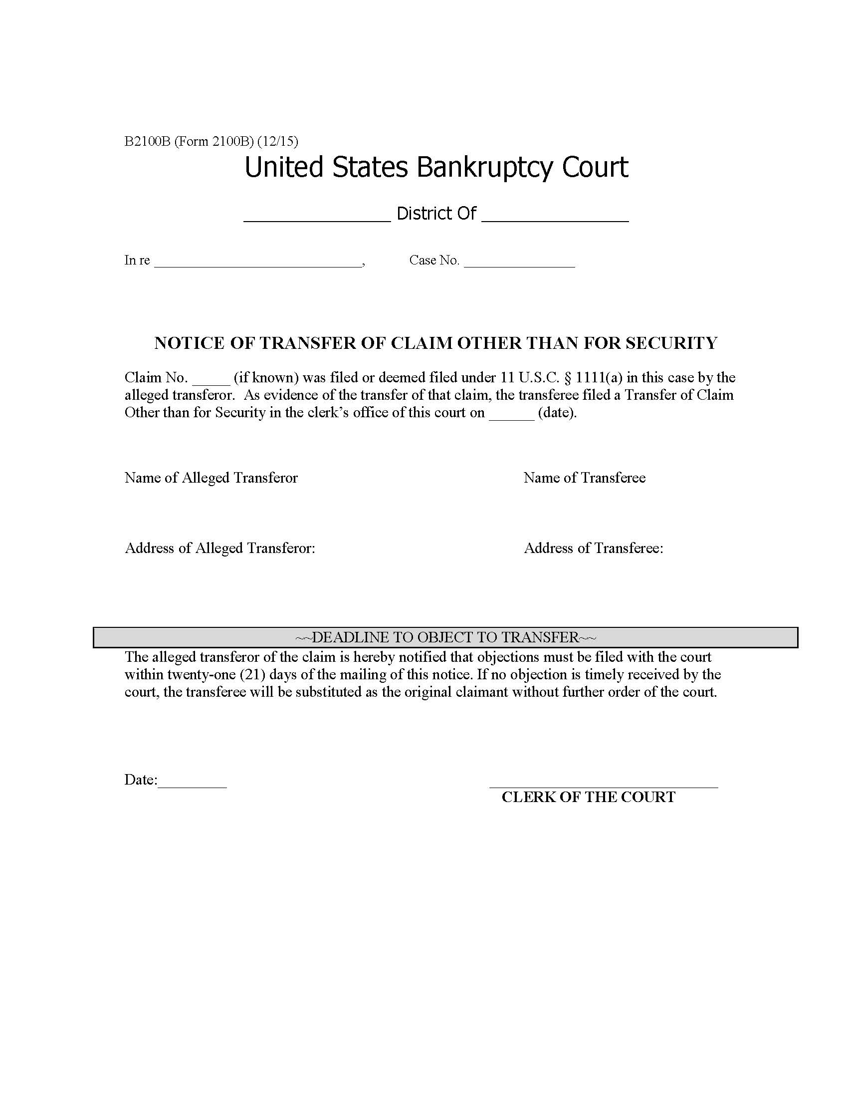 Notice Of Transfer Of Claim Other Than For Security {B2100B} | Pdf Fpdf Doc Docx | Official Federal Forms