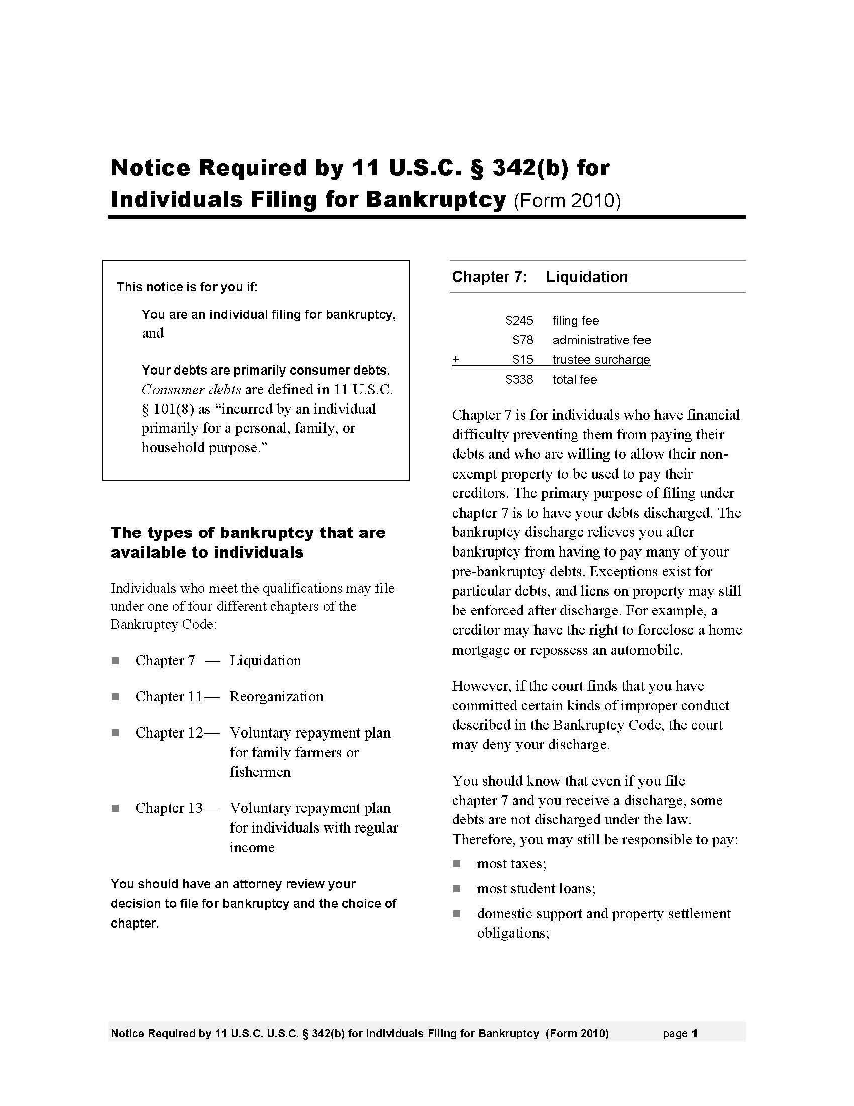 Notice Required By 11 USC 342(b) For Individuals Filing (Consumer Debtor) {B2010} | Pdf Fpdf Doc Docx | Official Federal Forms