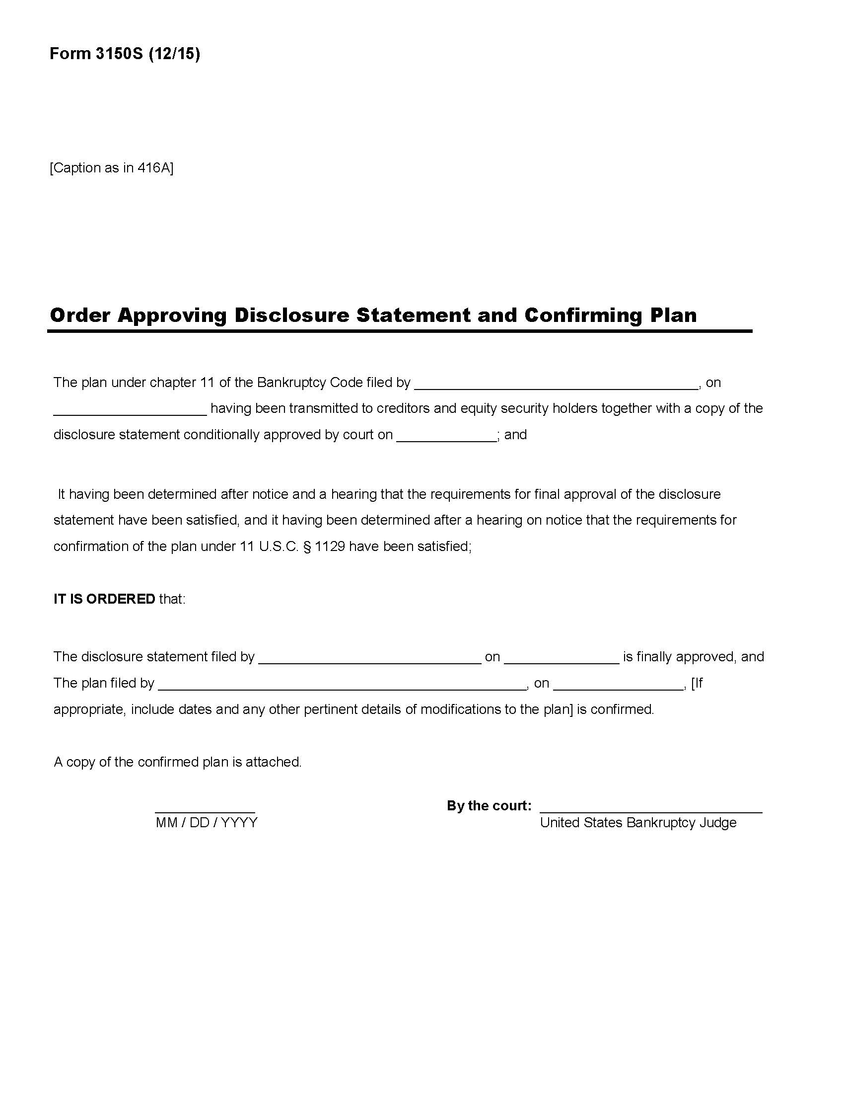 Order Approving Disclosure Statement And Confirming Plan {B3150S} | Pdf Fpdf Doc Docx | Official Federal Forms