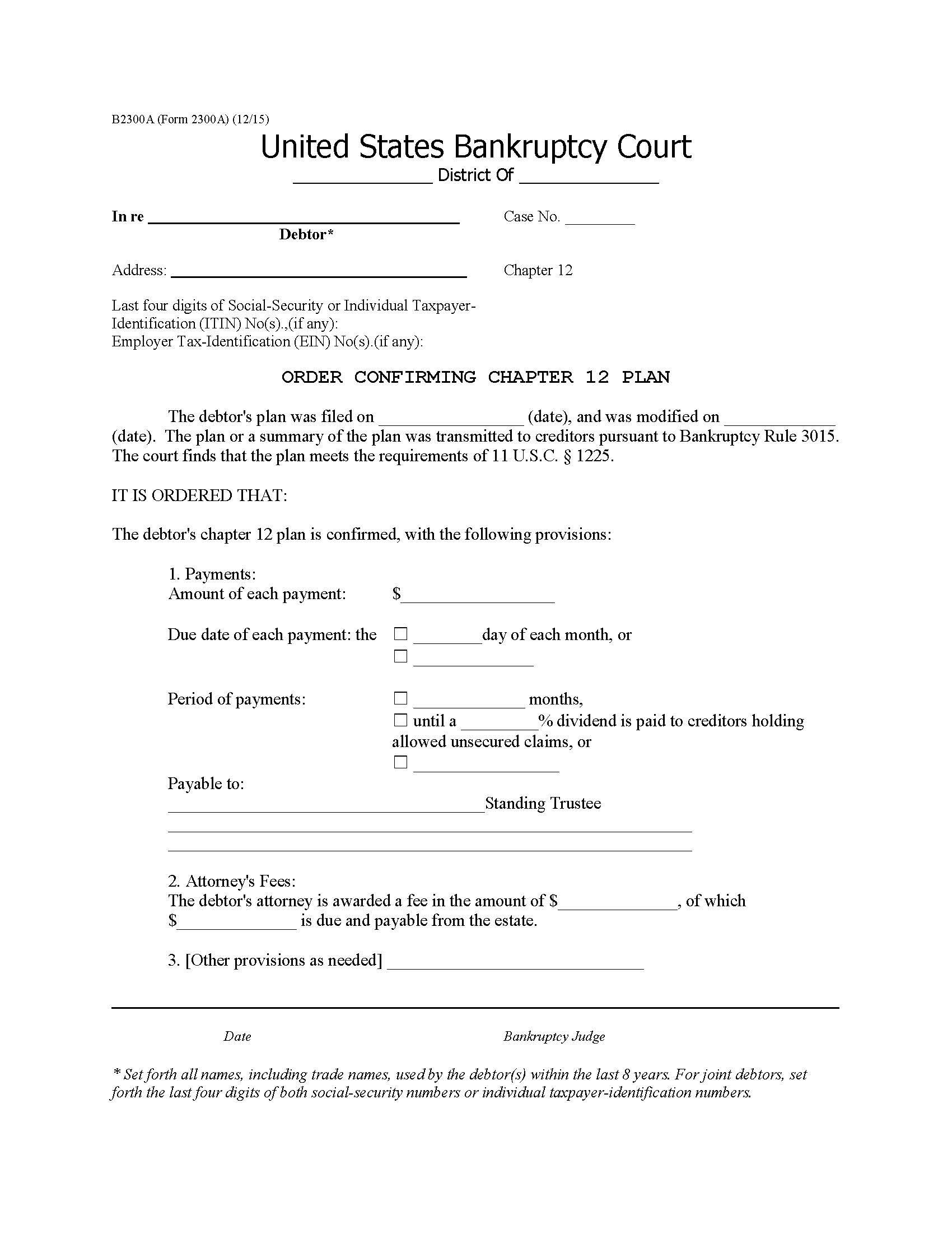 Order Confirming Chapter 12 Plan {B2300A} | Pdf Fpdf Doc Docx | Official Federal Forms