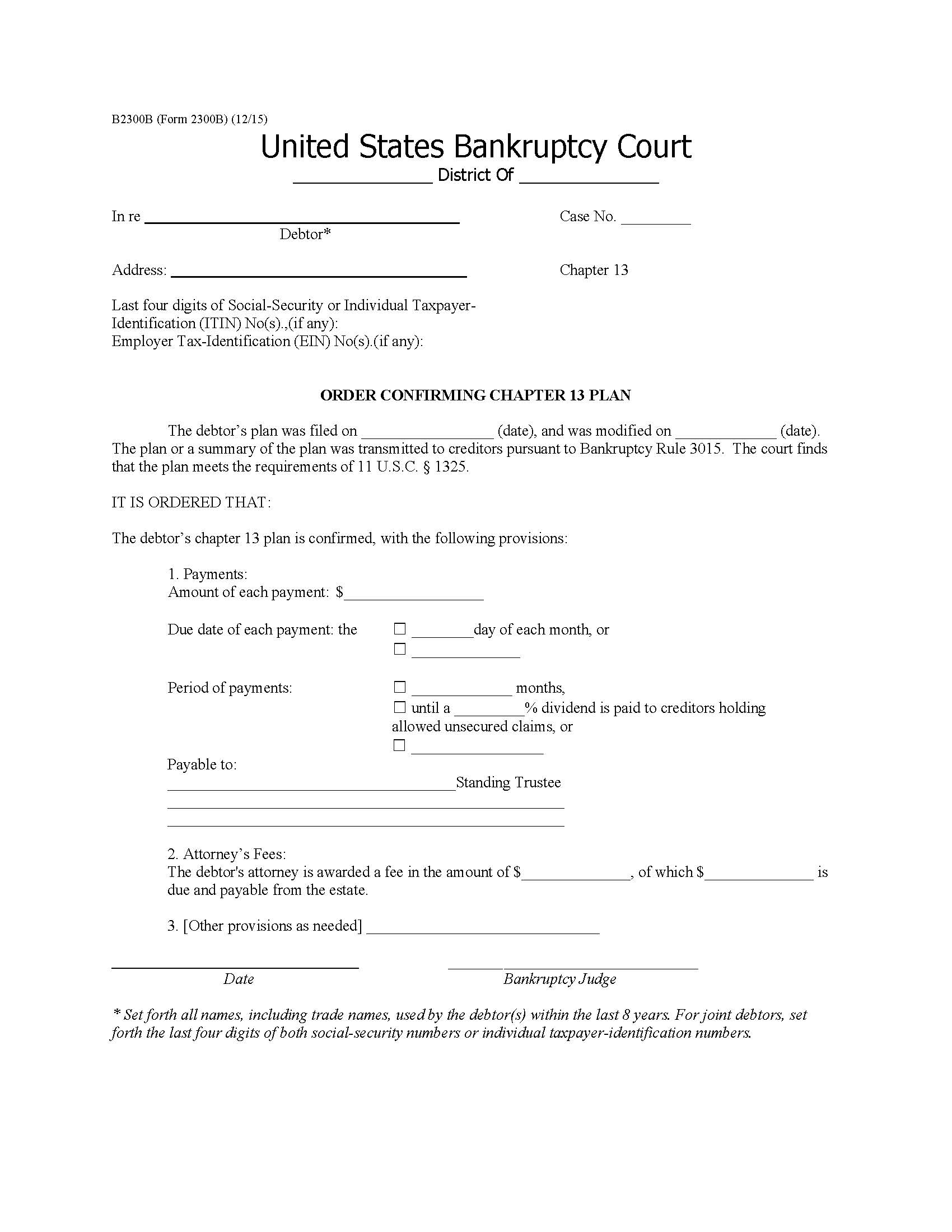 Order Confirming Chapter 13 Plan {B2300B} | Pdf Fpdf Doc Docx | Official Federal Forms
