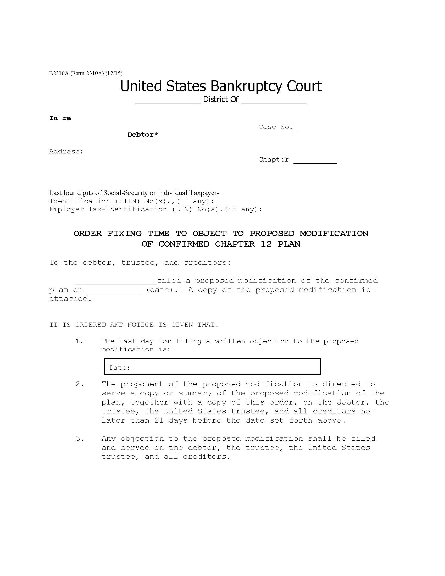 Order Fixing Time To Object To Proposed Modification-Chapter 12 {B2310A} | Pdf Fpdf Doc Docx | Official Federal Forms