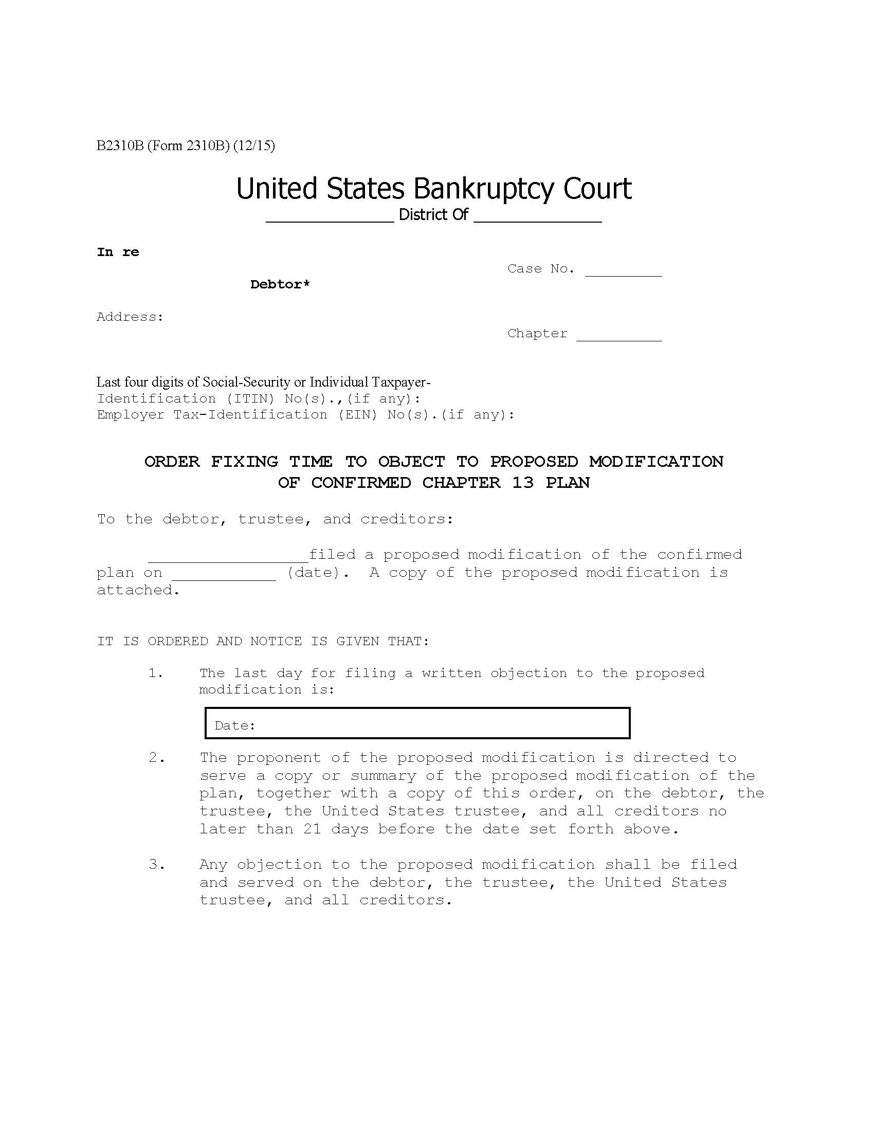 Order Fixing Time To Object To Proposed Modification-Chapter 13 {B2310B} | Pdf Fpdf Doc Docx | Official Federal Forms