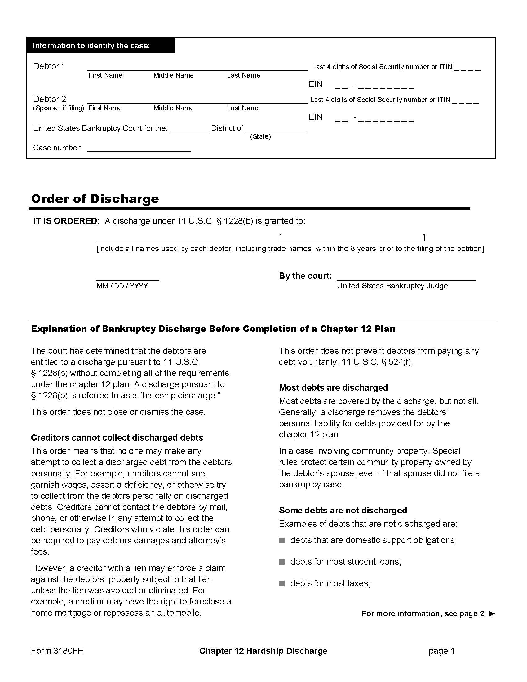Order Of Discharge (Chapter 12 Hardship) {B3180FH} | Pdf Fpdf Doc Docx | Official Federal Forms