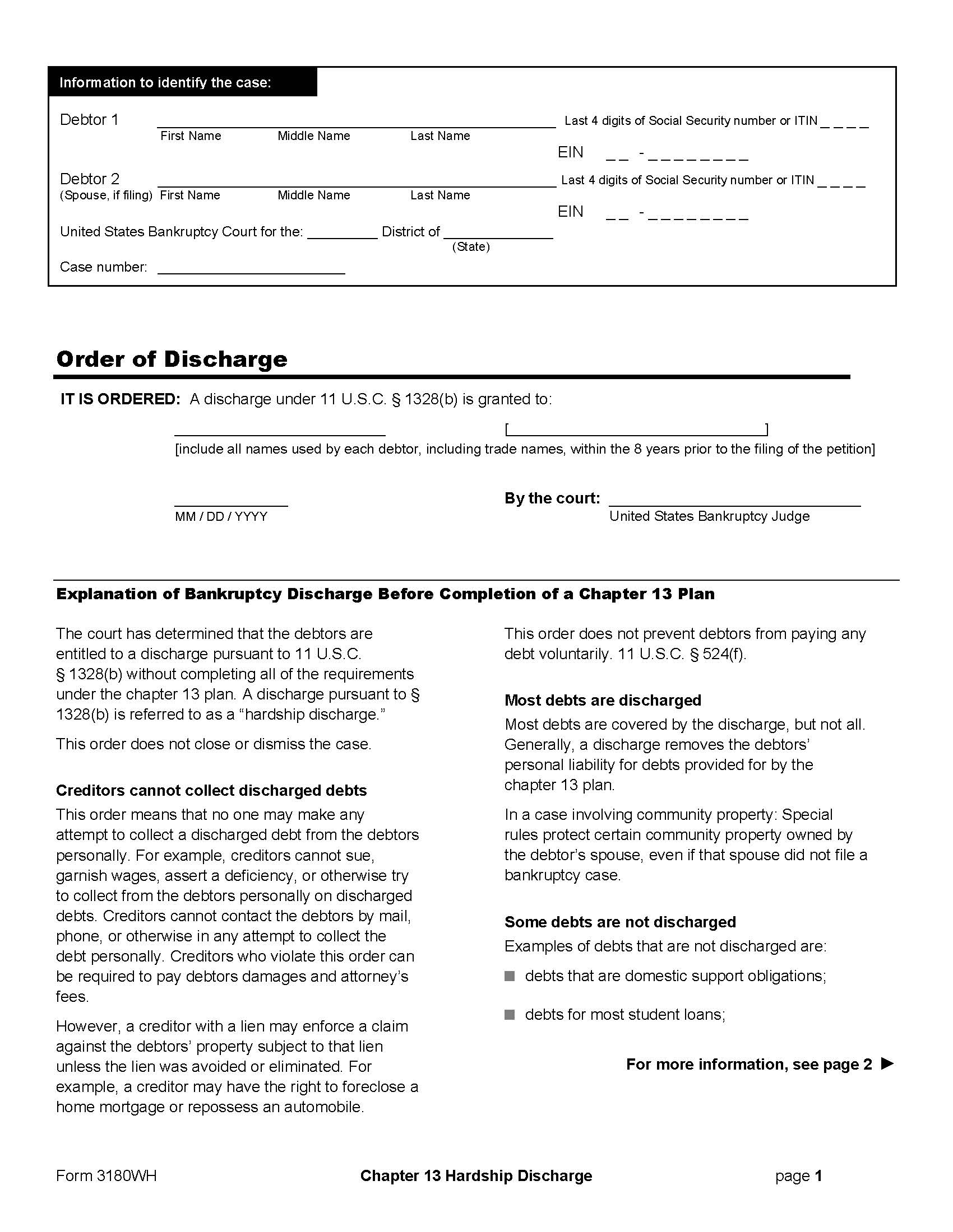 Order Of Discharge (Chapter 13 Hardship) {B3180WH} | Pdf Fpdf Doc Docx | Official Federal Forms