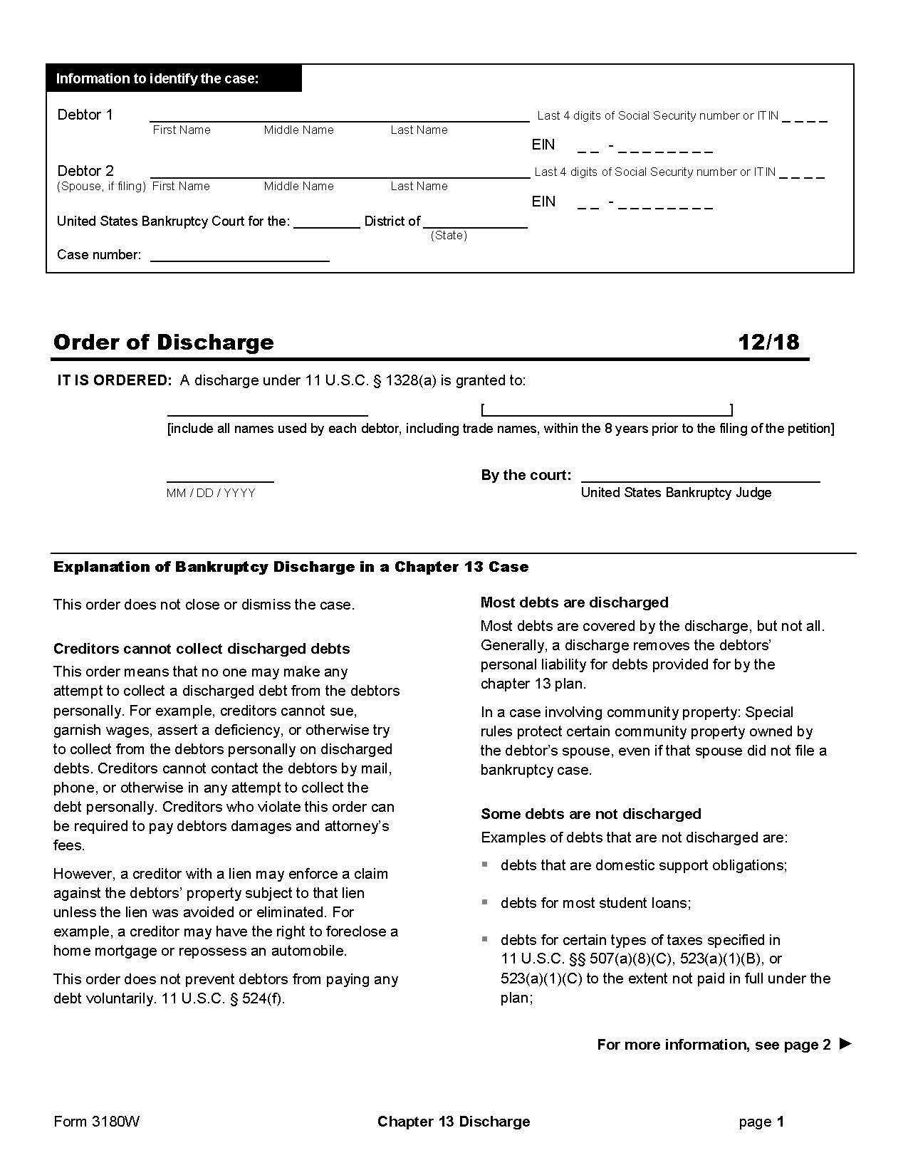 Order Of Discharge (Chapter 13) {B3180W} | Pdf Fpdf Docx | Official Federal Forms