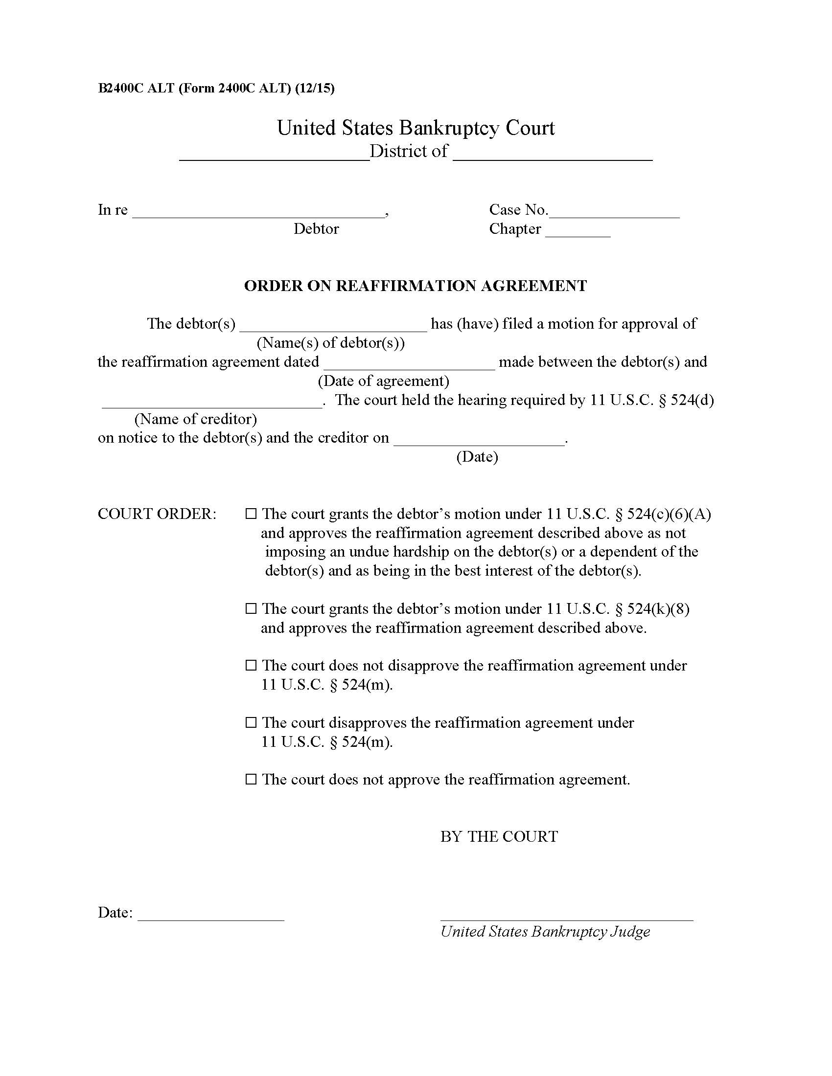 Order On Reaffirmation Agreement {B2400C ALT} | Pdf Fpdf Doc Docx | Official Federal Forms